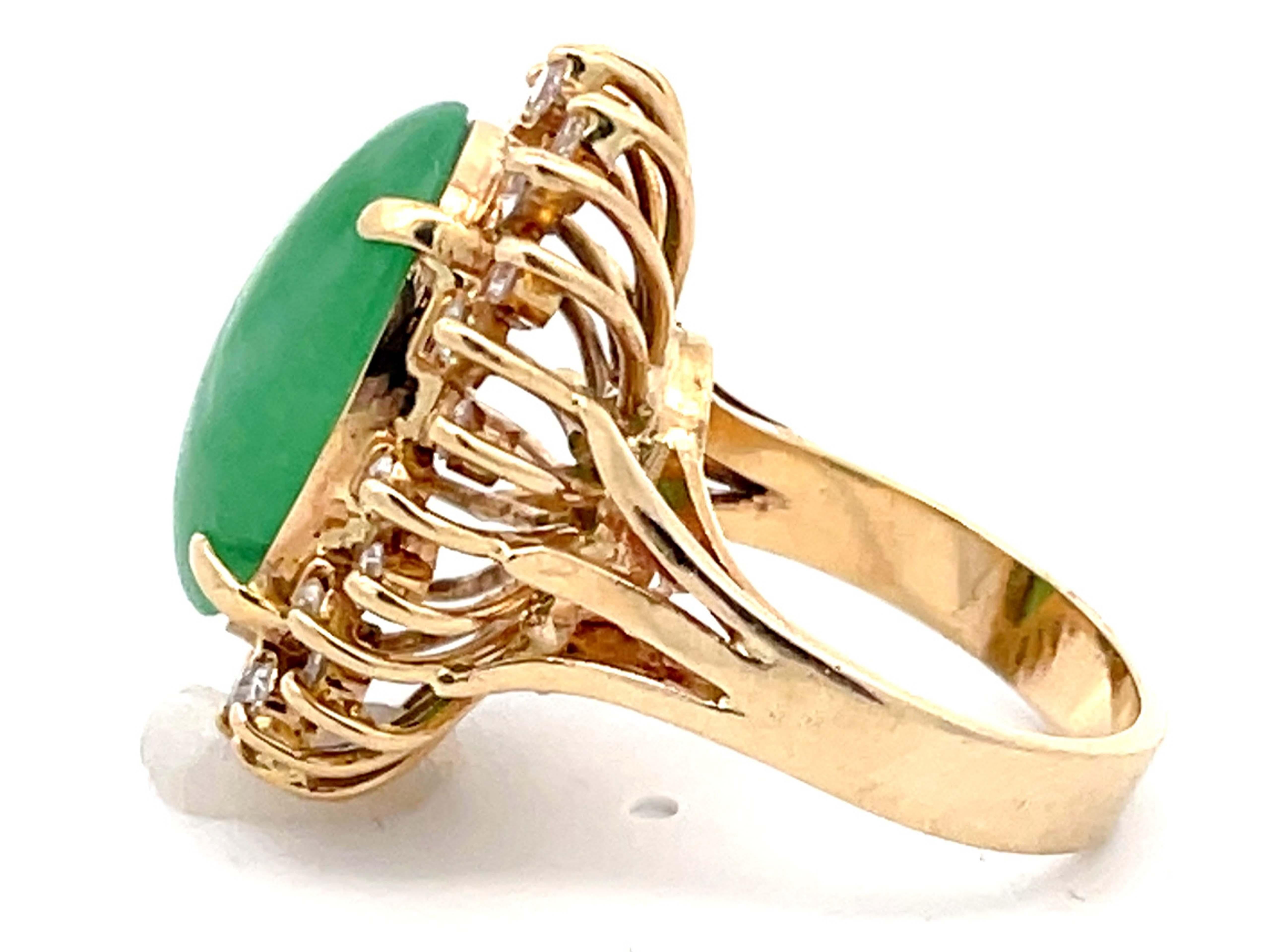 Women's Diamond Halo Cabochon Jade Ring in 14k Yellow Gold For Sale