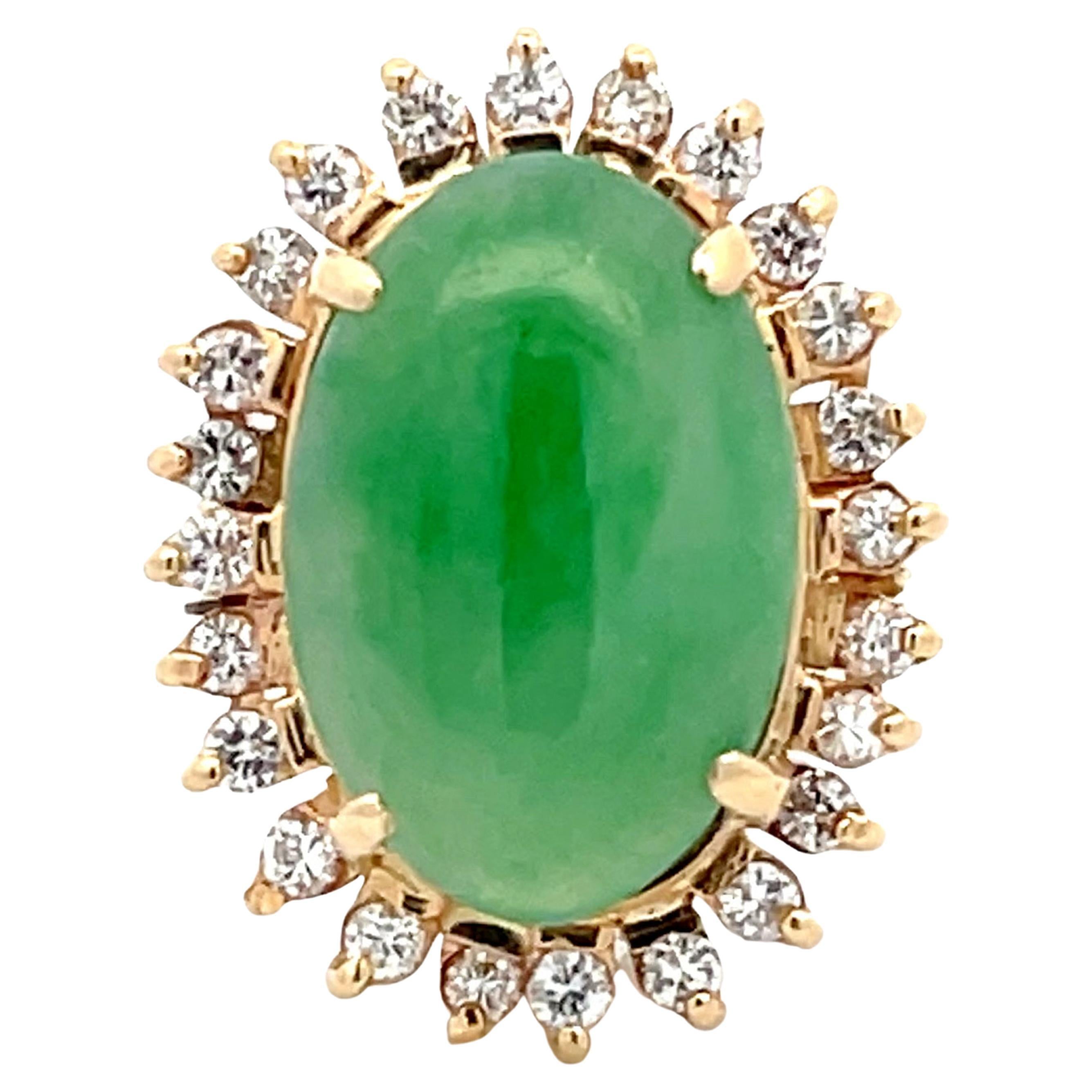 Diamond Halo Cabochon Jade Ring in 14k Yellow Gold