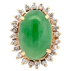 Vintage Diamond Halo Cabochon Jade Ring in 14k Yellow Gold
