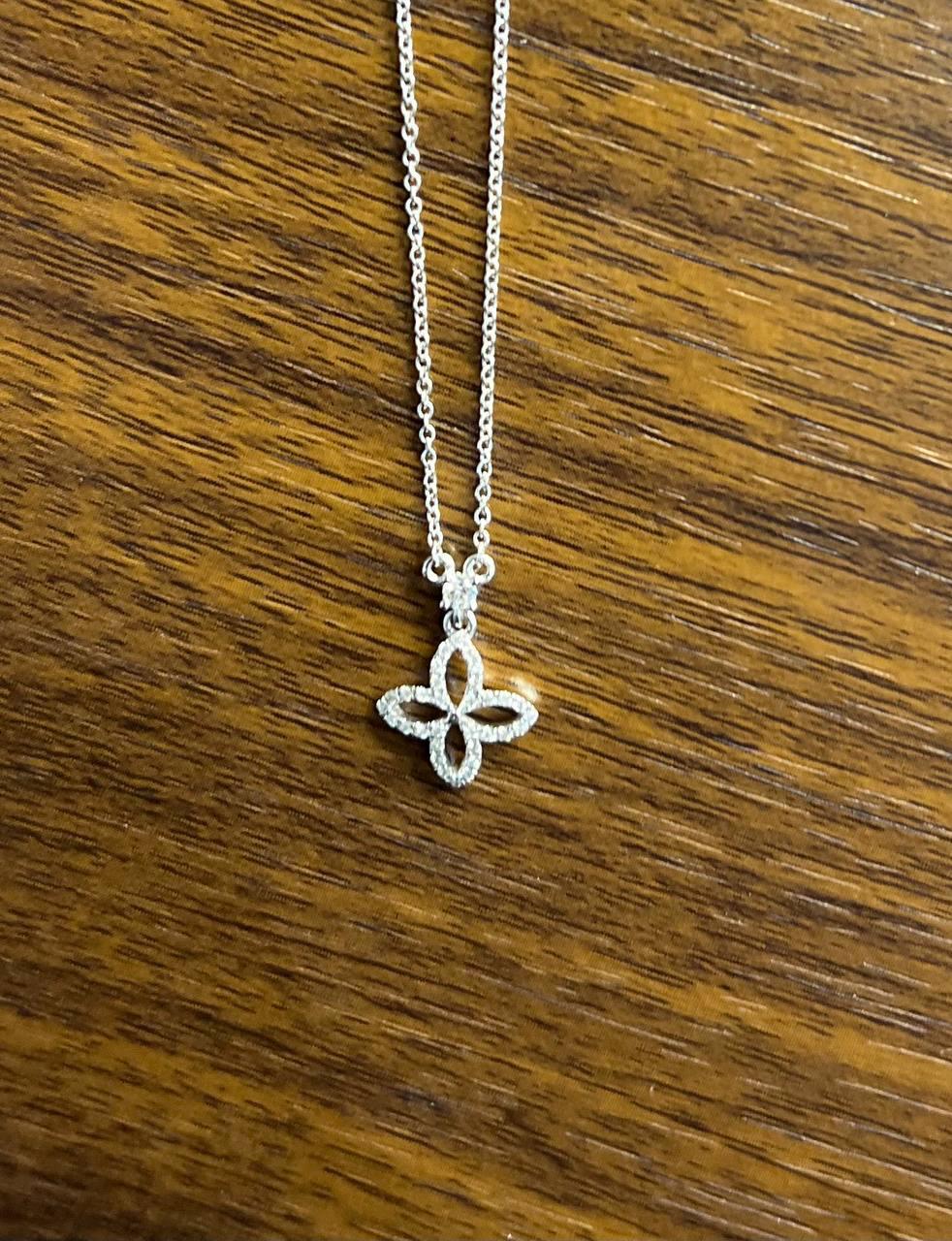 Women's Diamond Halo Clover Floral Flower Symbol Motif 18K White Gold Pendant Necklace For Sale