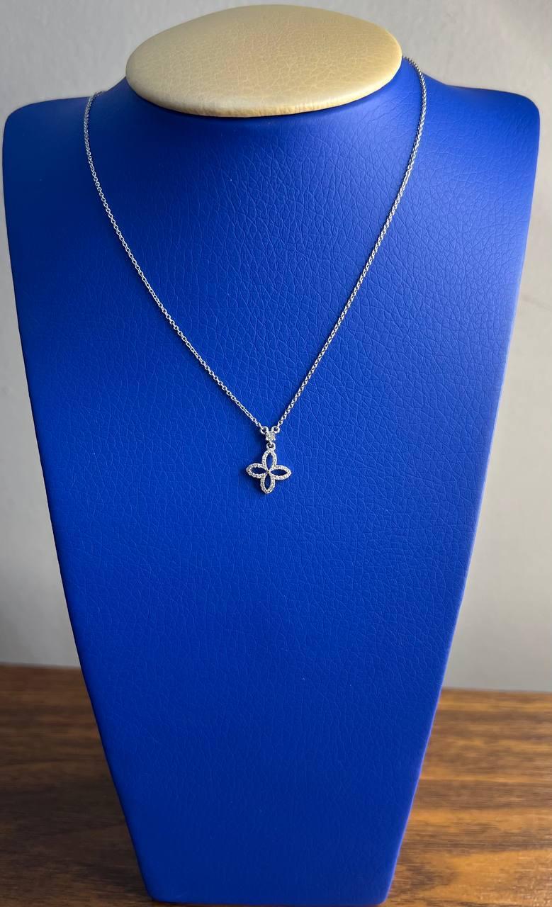 Diamond Halo Clover Floral Flower Symbol Motif 18K White Gold Pendant Necklace For Sale 4