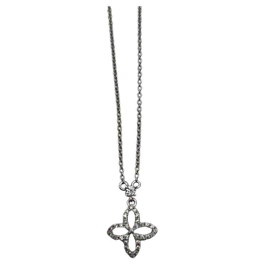 Diamond Halo Clover Floral Flower Symbol Motif 18K White Gold Pendant Necklace