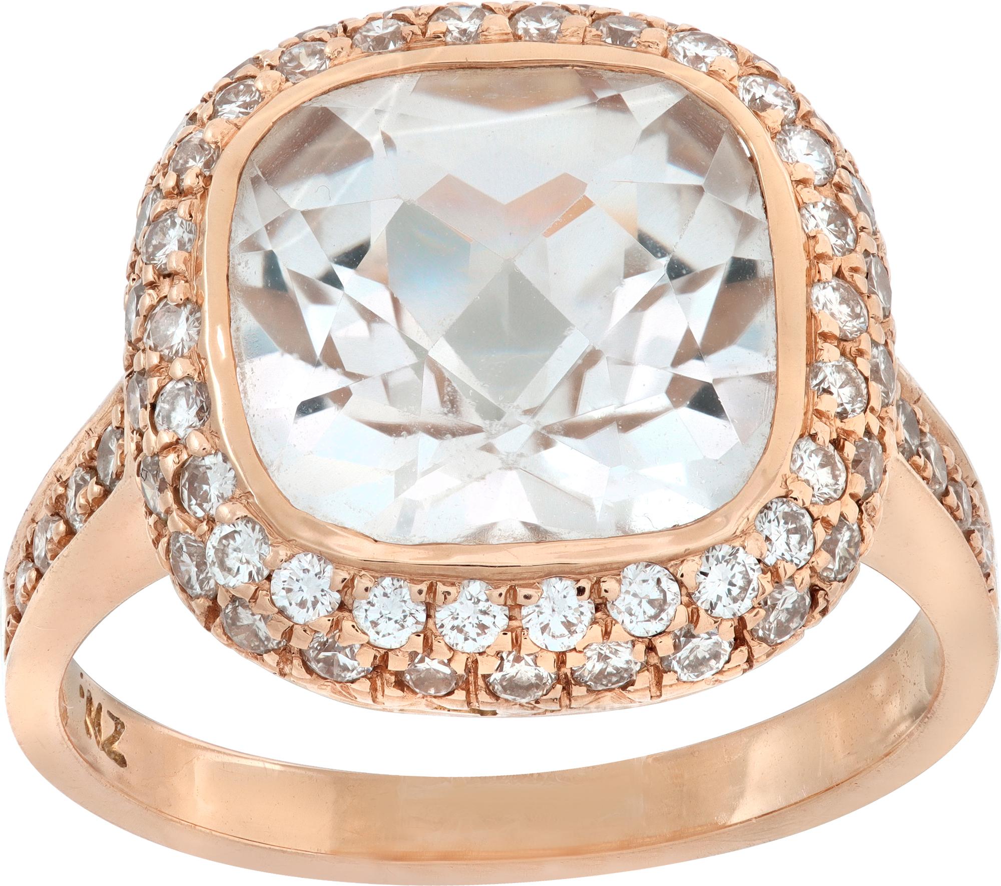 Diamond Halo Cushion Cut White Quartz Yellow Gold Ring In Excellent Condition For Sale In Surfside, FL
