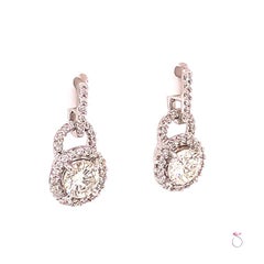 Diamond Halo Drop Dangling Earrings, 2.00 Carat Diamond Earrings 18K White Gold