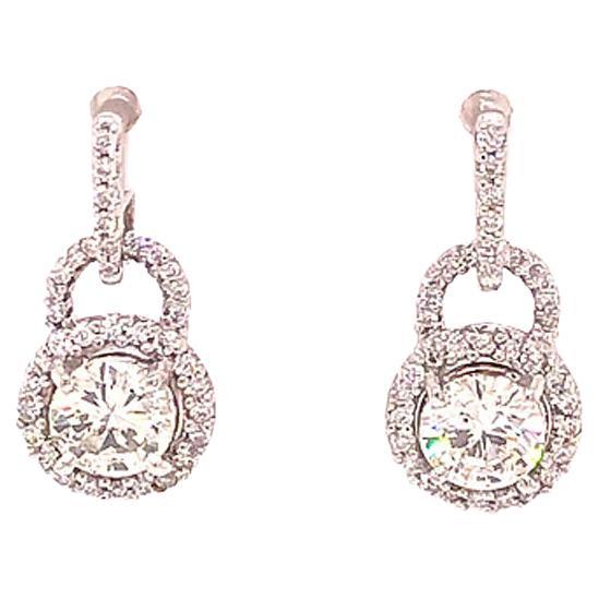 Diamond Halo Drop Dangling Earrings, 2.00 Carat Diamond Earrings 18K White Gold