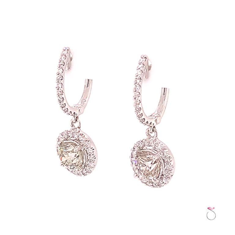 Modern Diamond Halo Drop Dangling Earrings, 2.29 Carat Diamond Earrings 18K White Gold For Sale