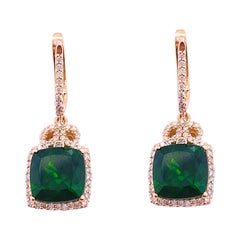 Diamond Halo Earring Studs, Green Russalite, 108 Natural Diamonds, Rose Gold