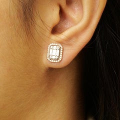 1.02 Carat Geometric Natural Diamond Halo Illusion Earrings, 14K Rose Gold