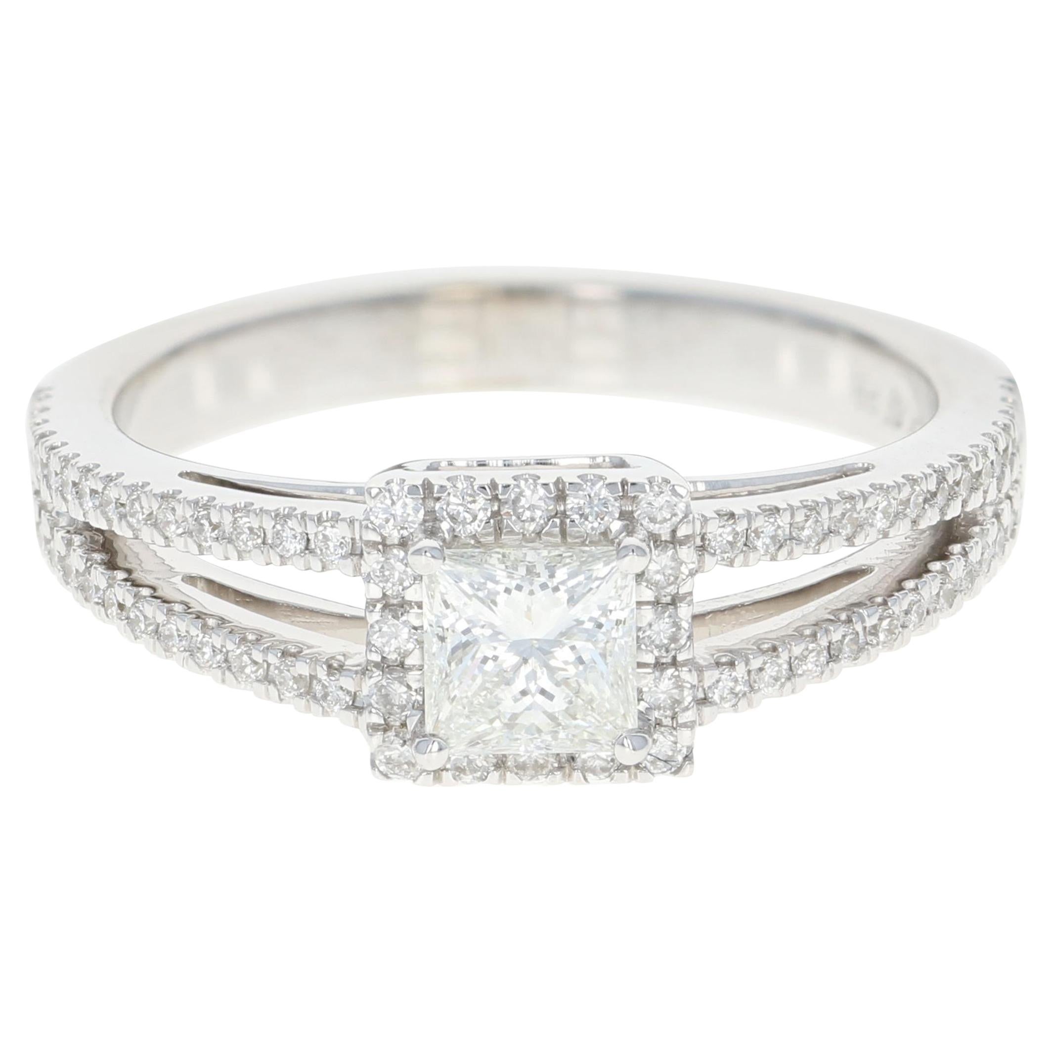 Diamond Halo Engagement Ring, 14 Karat White Gold GIA Princess Cut .70 Carat