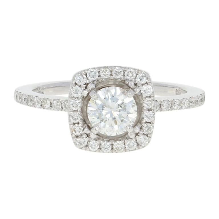 Diamond Halo Engagement Ring, 14 Karat White Gold Round Cut .85 Carat