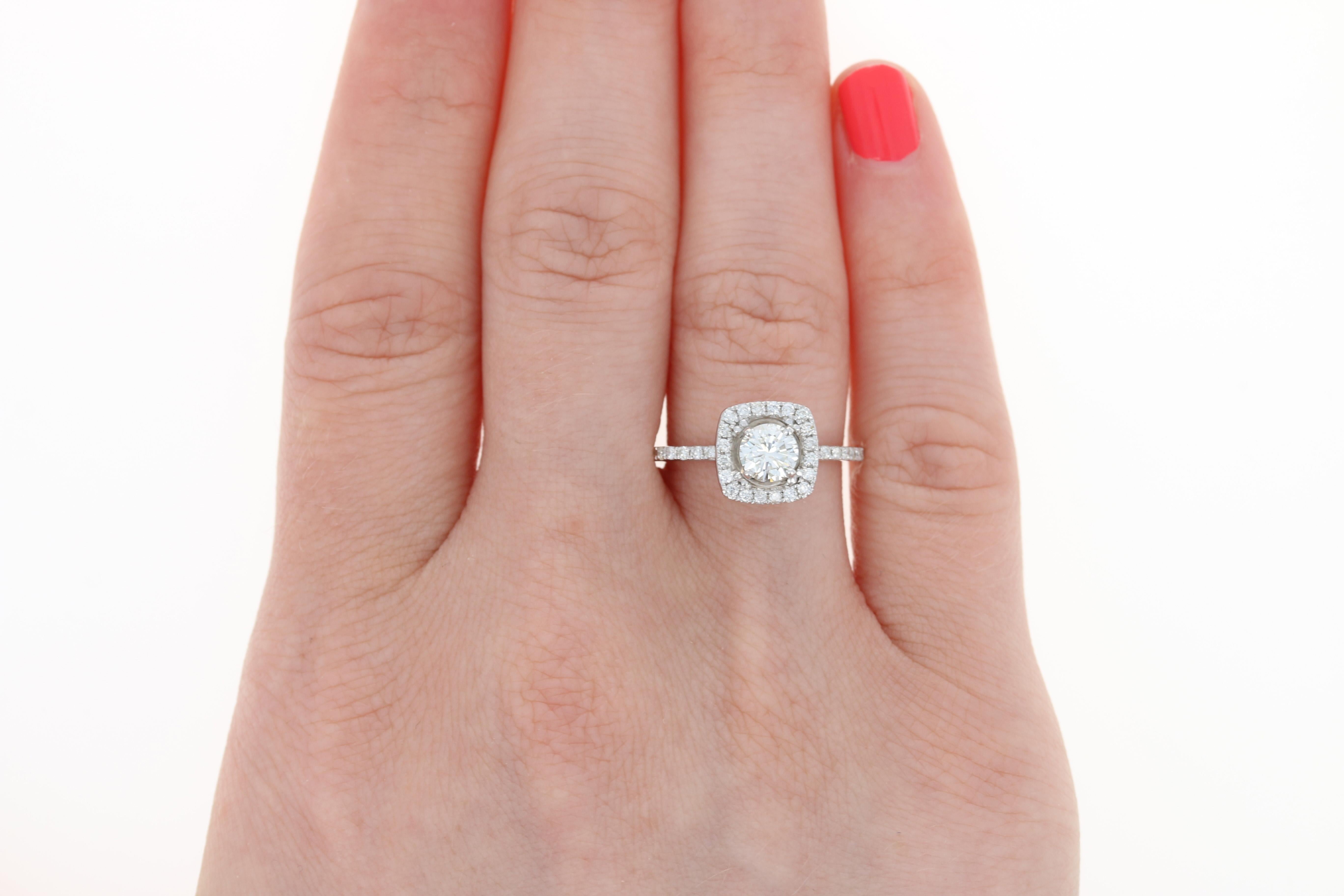 Diamond Halo Engagement Ring, 14 Karat White Gold Round Cut .85 Carat In Excellent Condition In Greensboro, NC