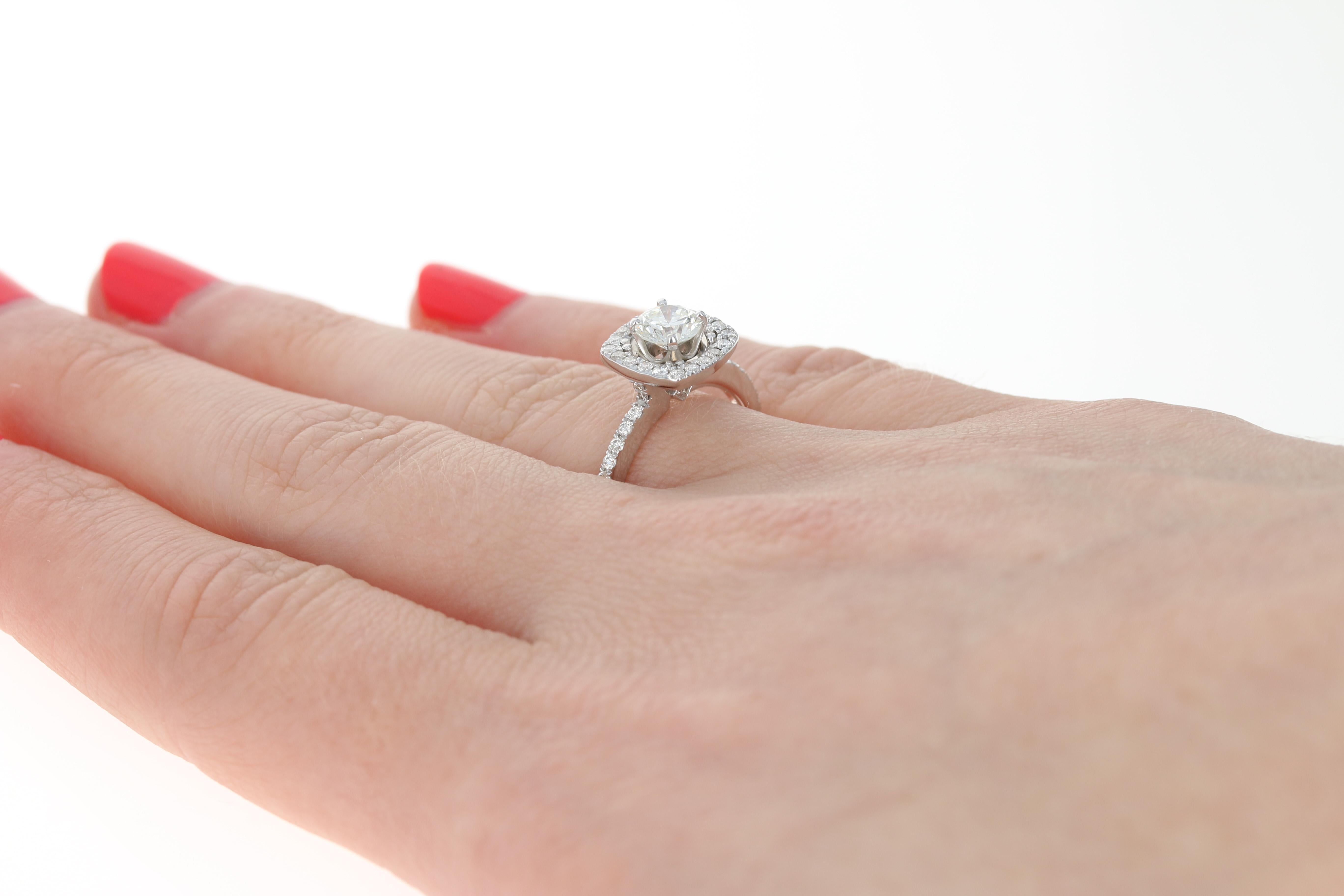 Women's Diamond Halo Engagement Ring, 14 Karat White Gold Round Cut .85 Carat