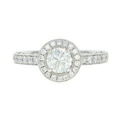 Diamond Halo Engagement Ring, 18 Karat White Gold Milgrain Round Cut 1.59 Carat