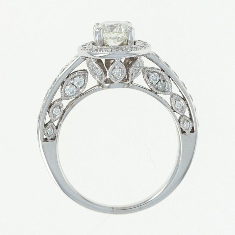 Women's Diamond Halo Engagement Ring, 18 Karat White Gold Milgrain Round Cut 1.59 Carat