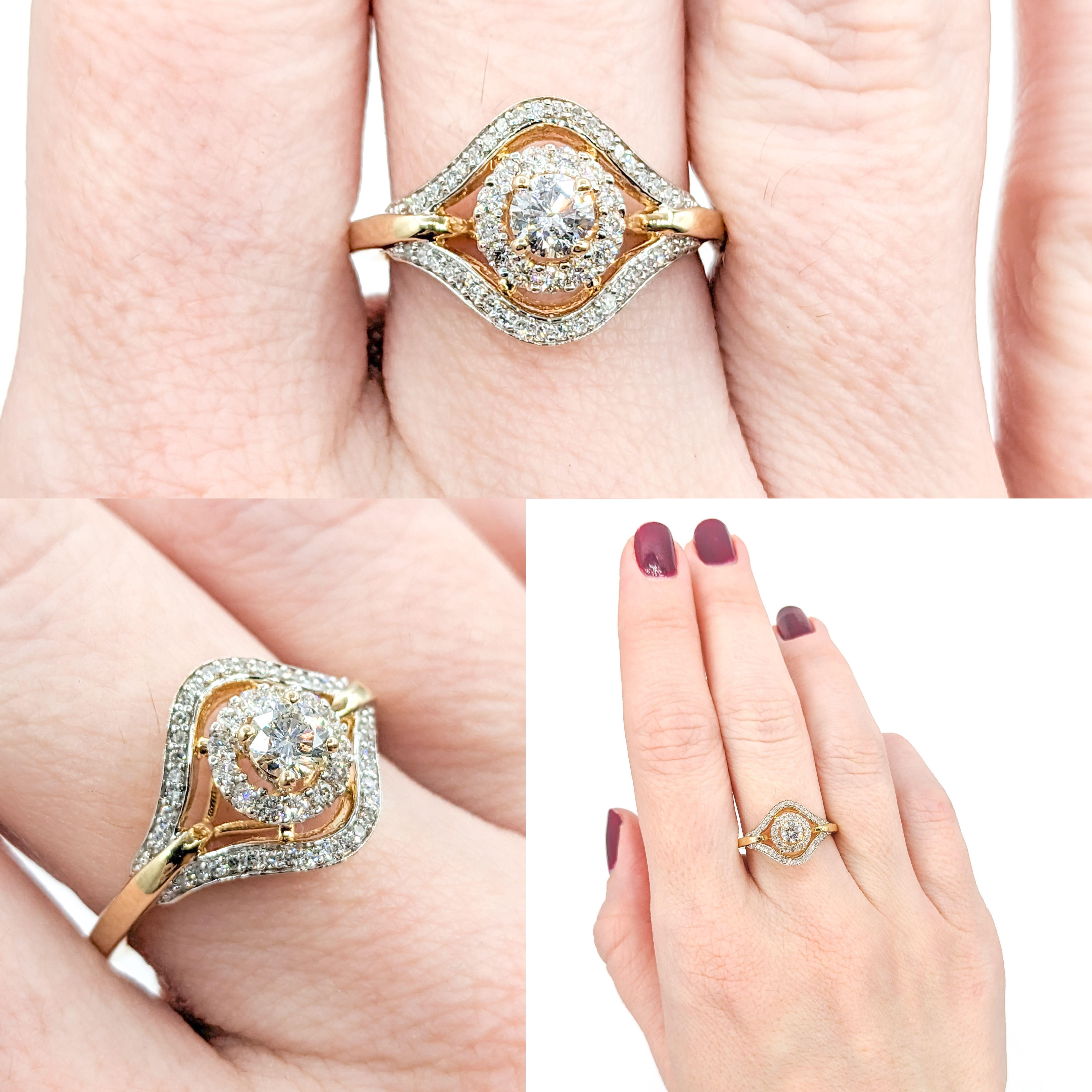 Diamond Halo Engagement Ring in Gold

Introducing this stunning vintage Diamond Ring, a perfect blend of elegance and radiance. This beautiful piece is crafted in 10k yellow gold, known for its durability and warm luster. Central to its design, the