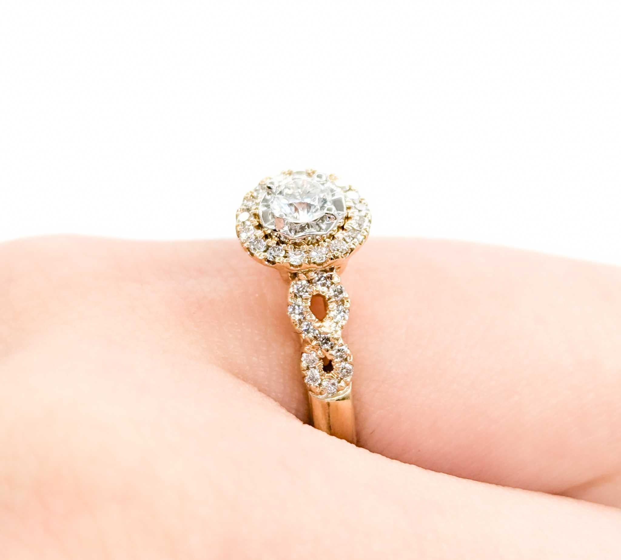 Contemporary Diamond Halo Engagement Ring in Yellow Gold For Sale