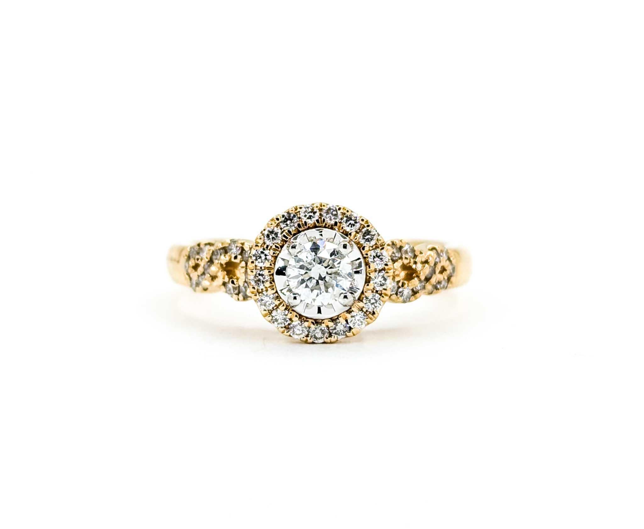 Diamond Halo Engagement Ring in Yellow Gold For Sale 3