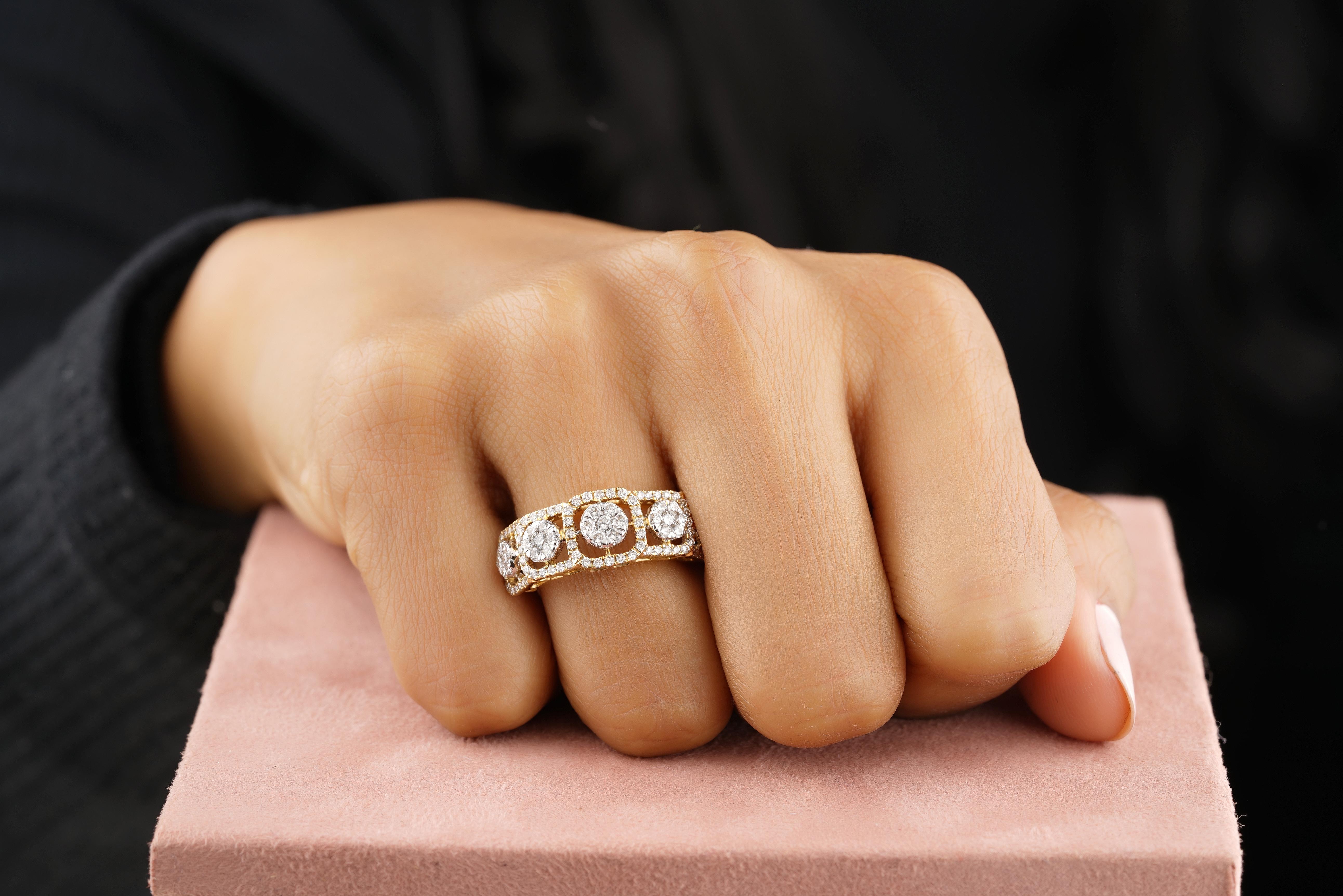 Art Deco Diamond Halo Eternity Ring in 14K Solid Gold (Certified) For Sale