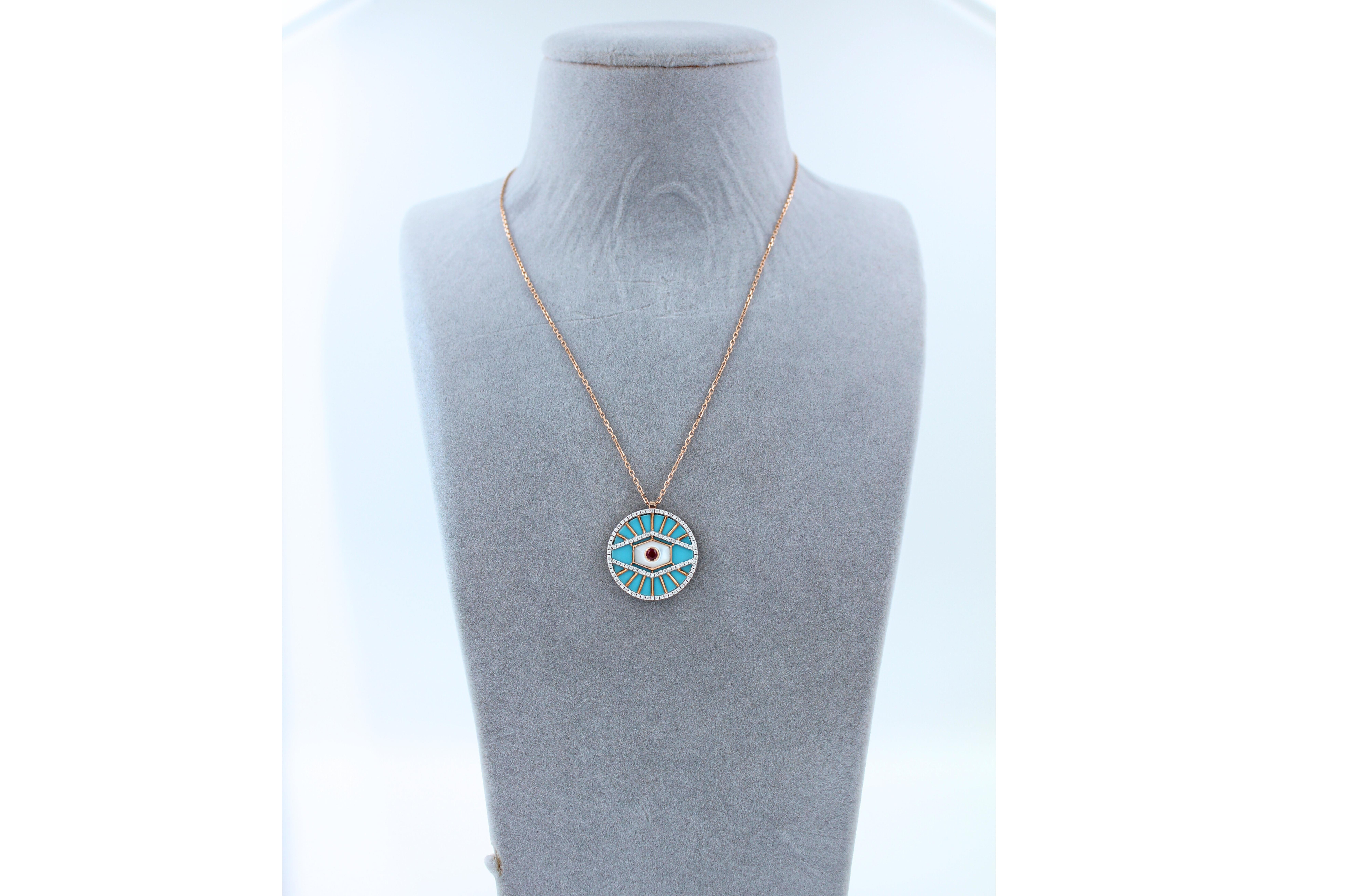 Diamond Halo Evil Eye Turquoise 18K Rose Gold Pendant Charm Medallion Necklace For Sale 9