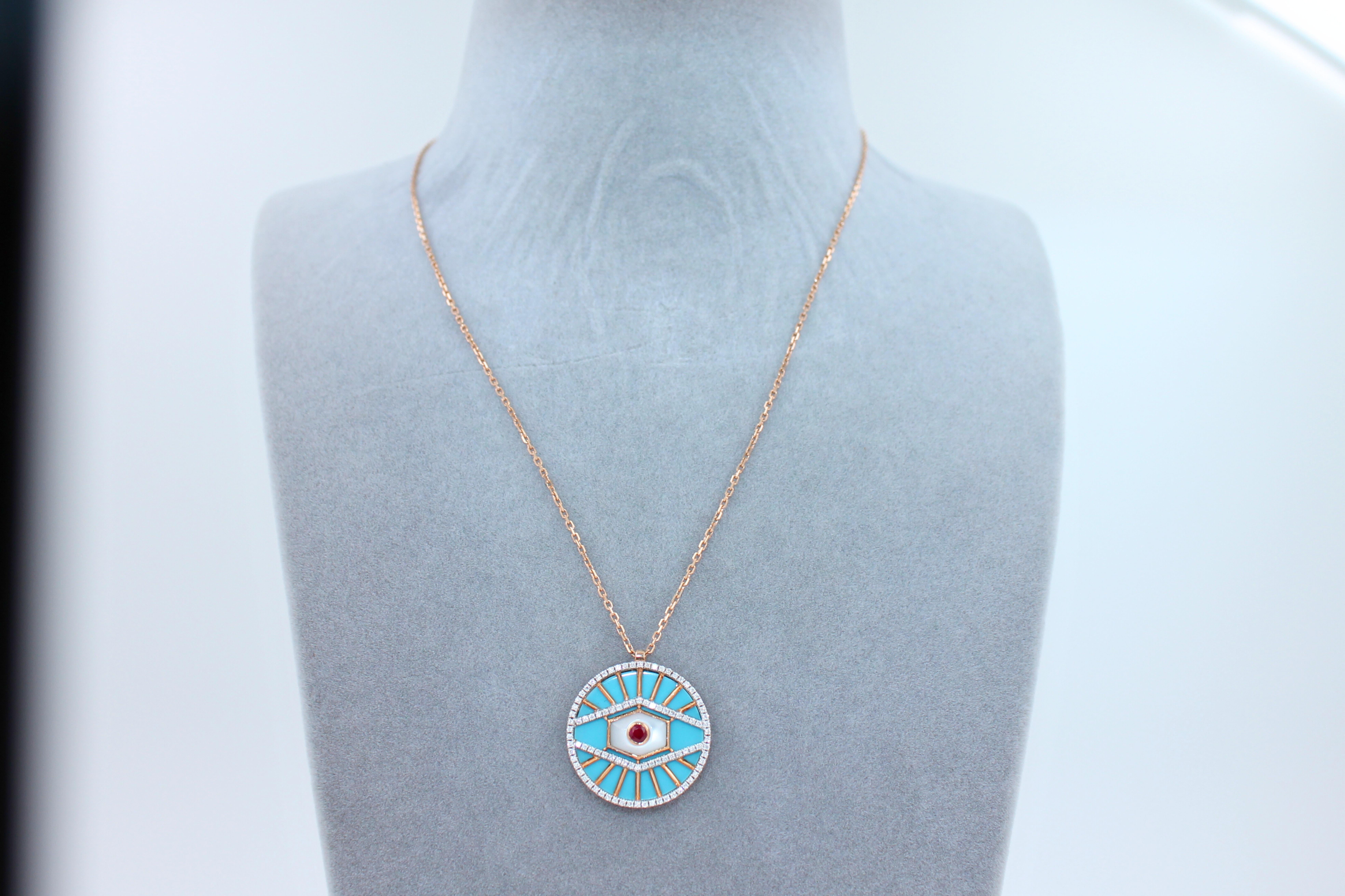 Diamond Halo Evil Eye Turquoise 18K Rose Gold Pendant Charm Medallion Necklace For Sale 10