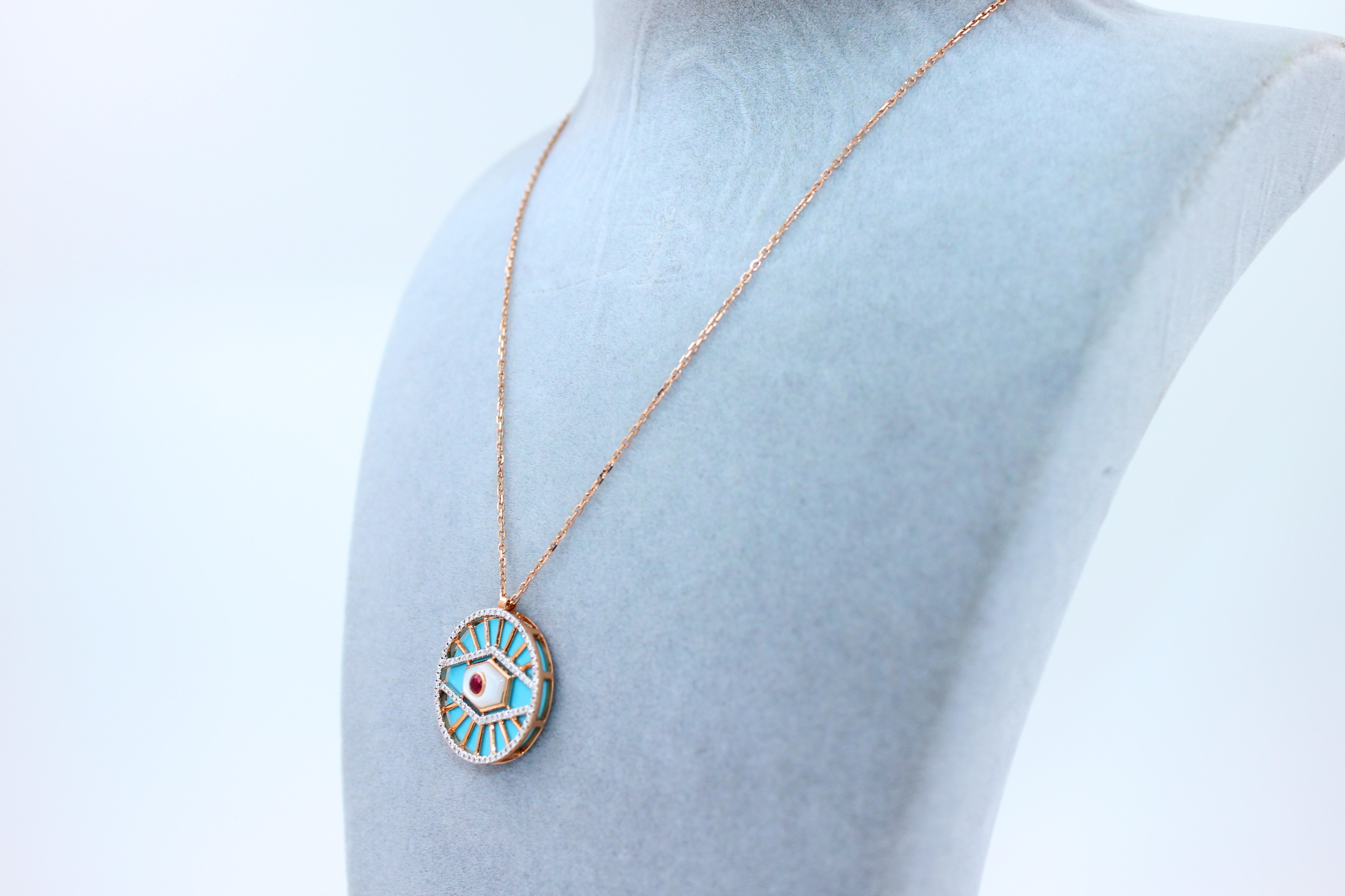 Diamond Halo Evil Eye Turquoise 18K Rose Gold Pendant Charm Medallion Necklace For Sale 12