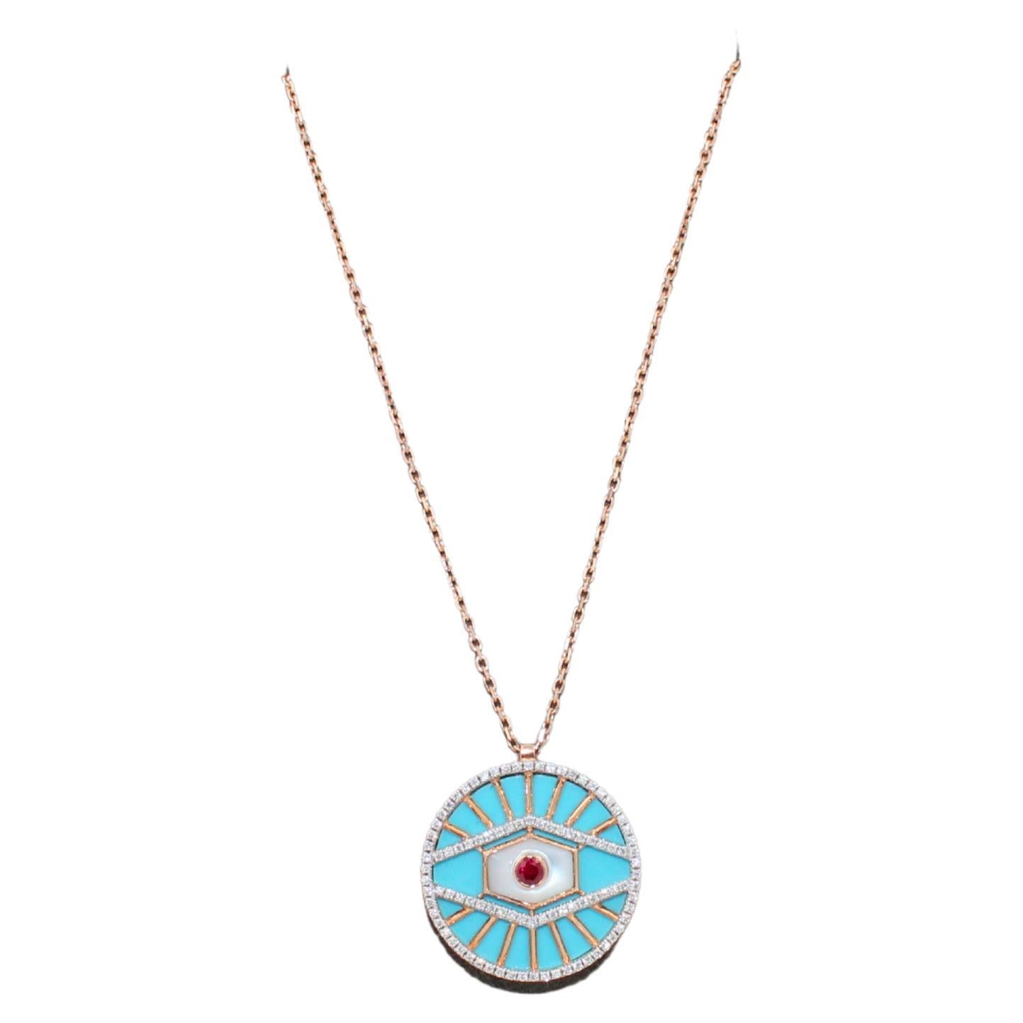 Diamond Halo Evil Eye Turquoise 18K Rose Gold Pendant Charm Medallion Necklace
Turquoise Gemstone (Around 5 Carats)
Mother of Pearl 
0.40 cts Diamonds
0.20 cts Ruby
Adjustable 18K Rose Gold chain 16-20 inches 
20MM Diameter Medallion charm 