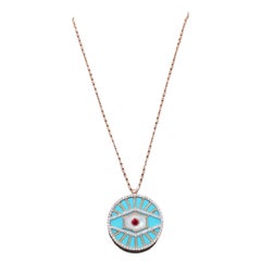 Diamond Halo Evil Eye Turquoise 18K Rose Gold Pendant Charm Medallion Necklace