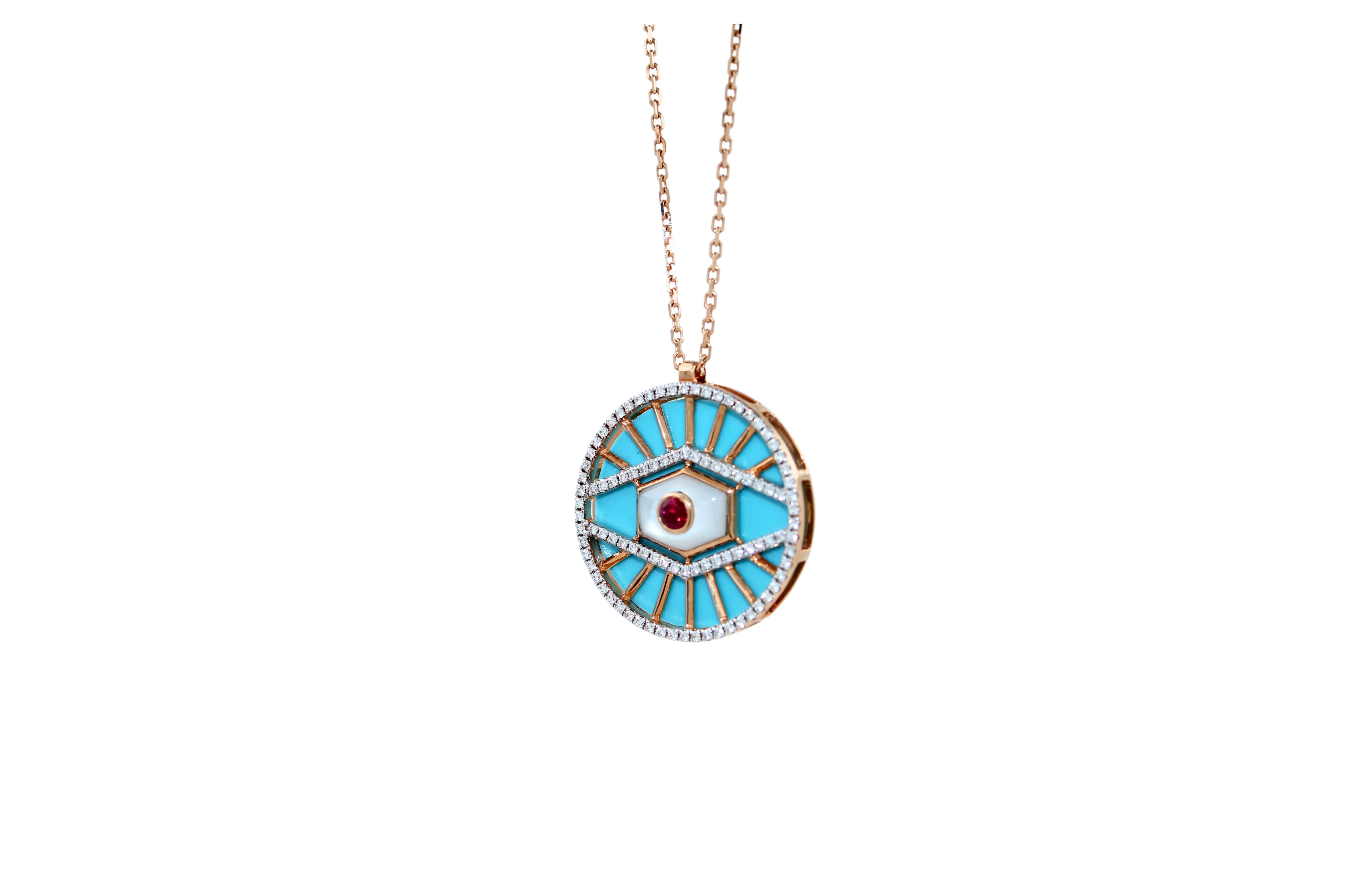 Modern Diamond Halo Evil Eye Turquoise 18K Rose Gold Pendant Charm Medallion Necklace For Sale