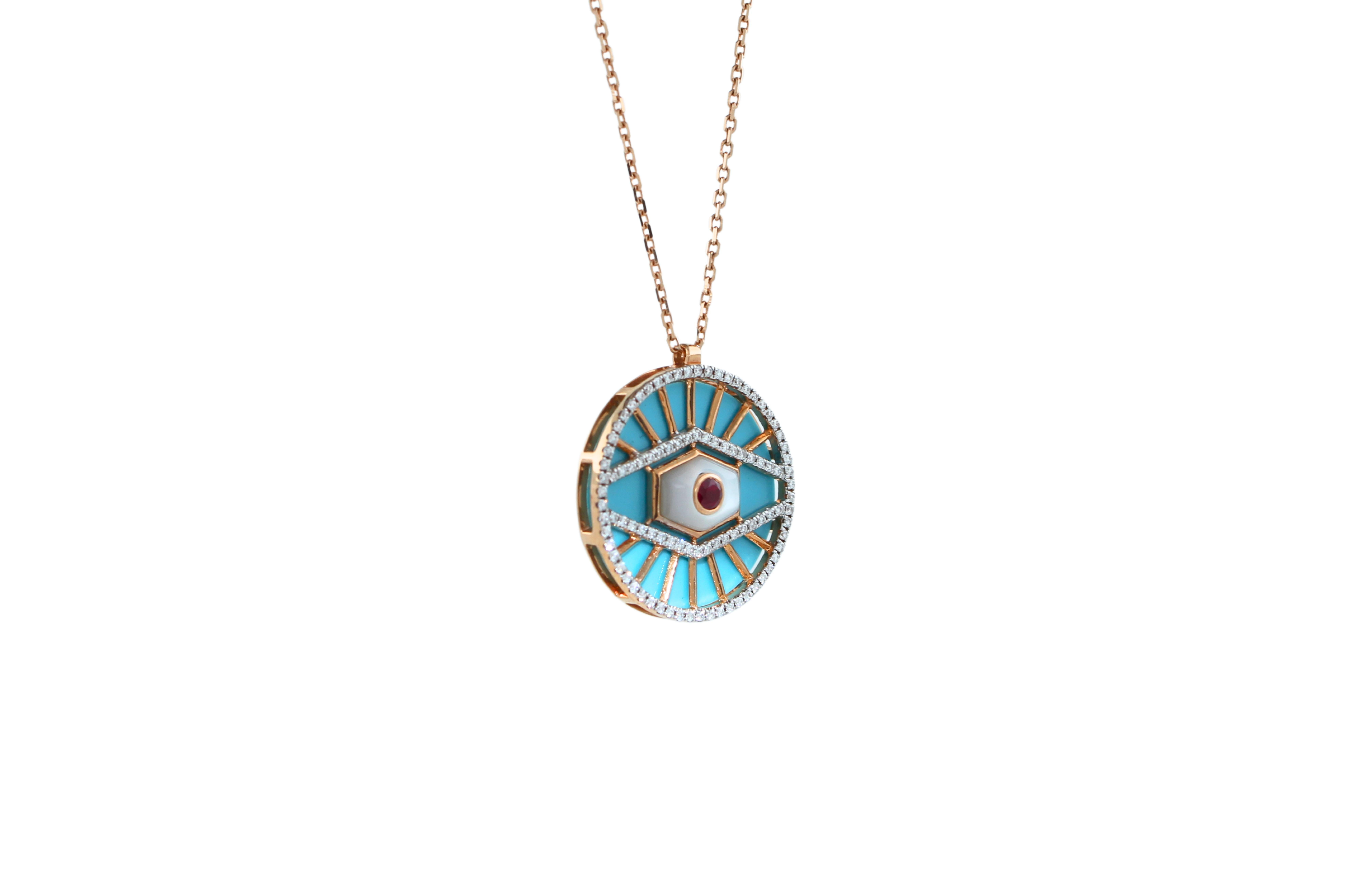 Mixed Cut Diamond Halo Evil Eye Turquoise 18K Rose Gold Pendant Charm Medallion Necklace For Sale