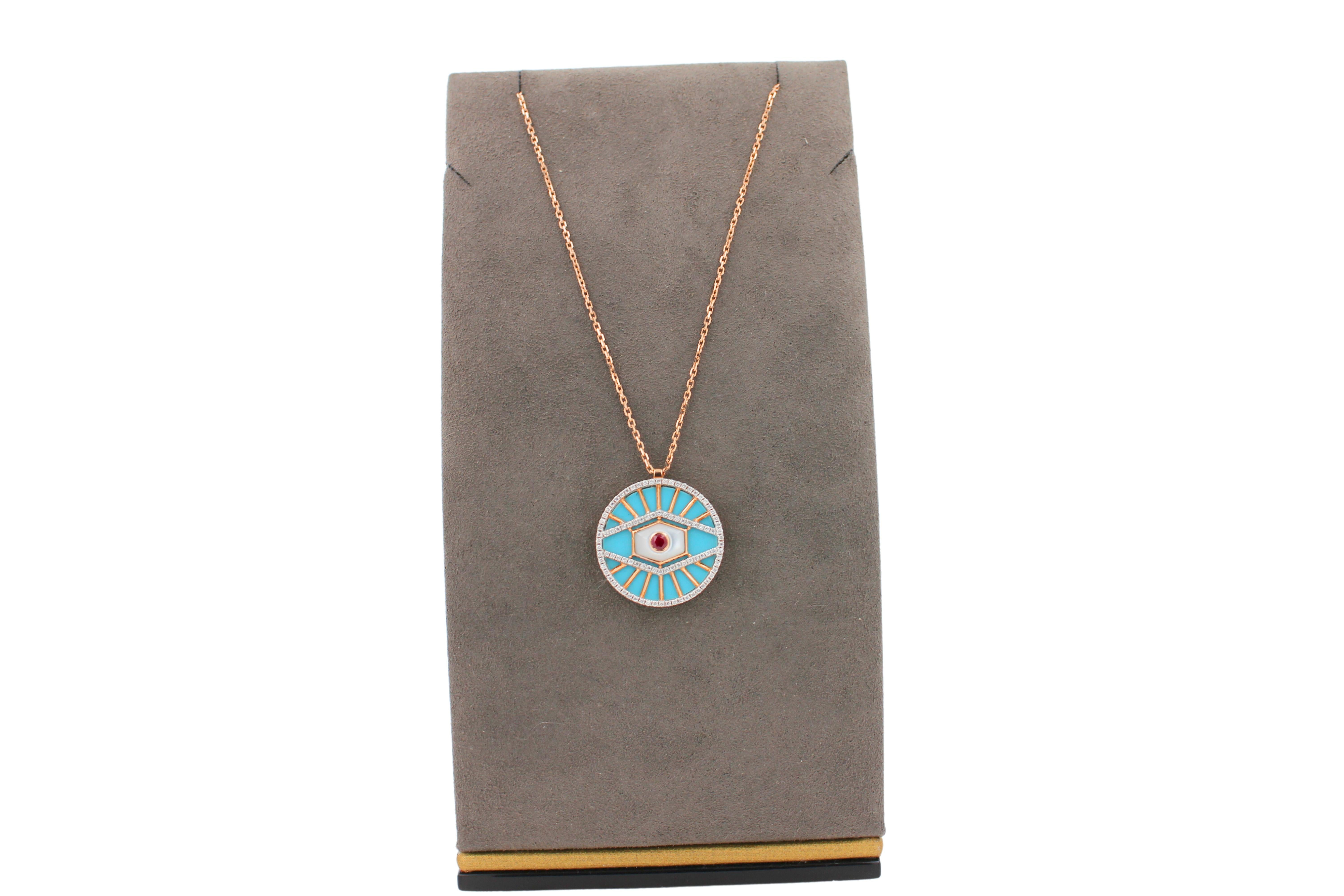 Diamond Halo Evil Eye Turquoise 18K Rose Gold Pendant Charm Medallion Necklace For Sale 3