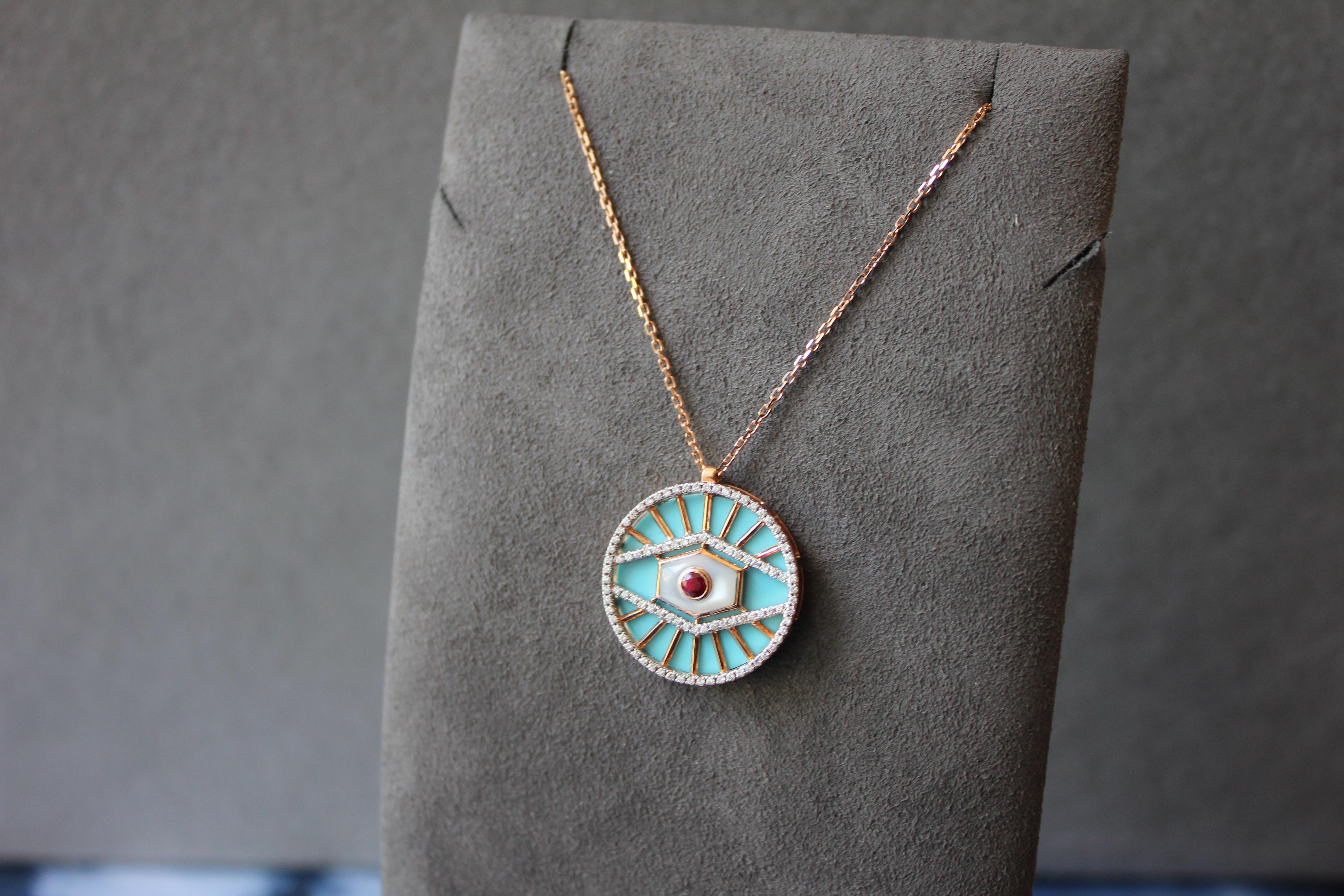 Diamond Halo Evil Eye Turquoise 18K Rose Gold Pendant Charm Medallion Necklace For Sale 4