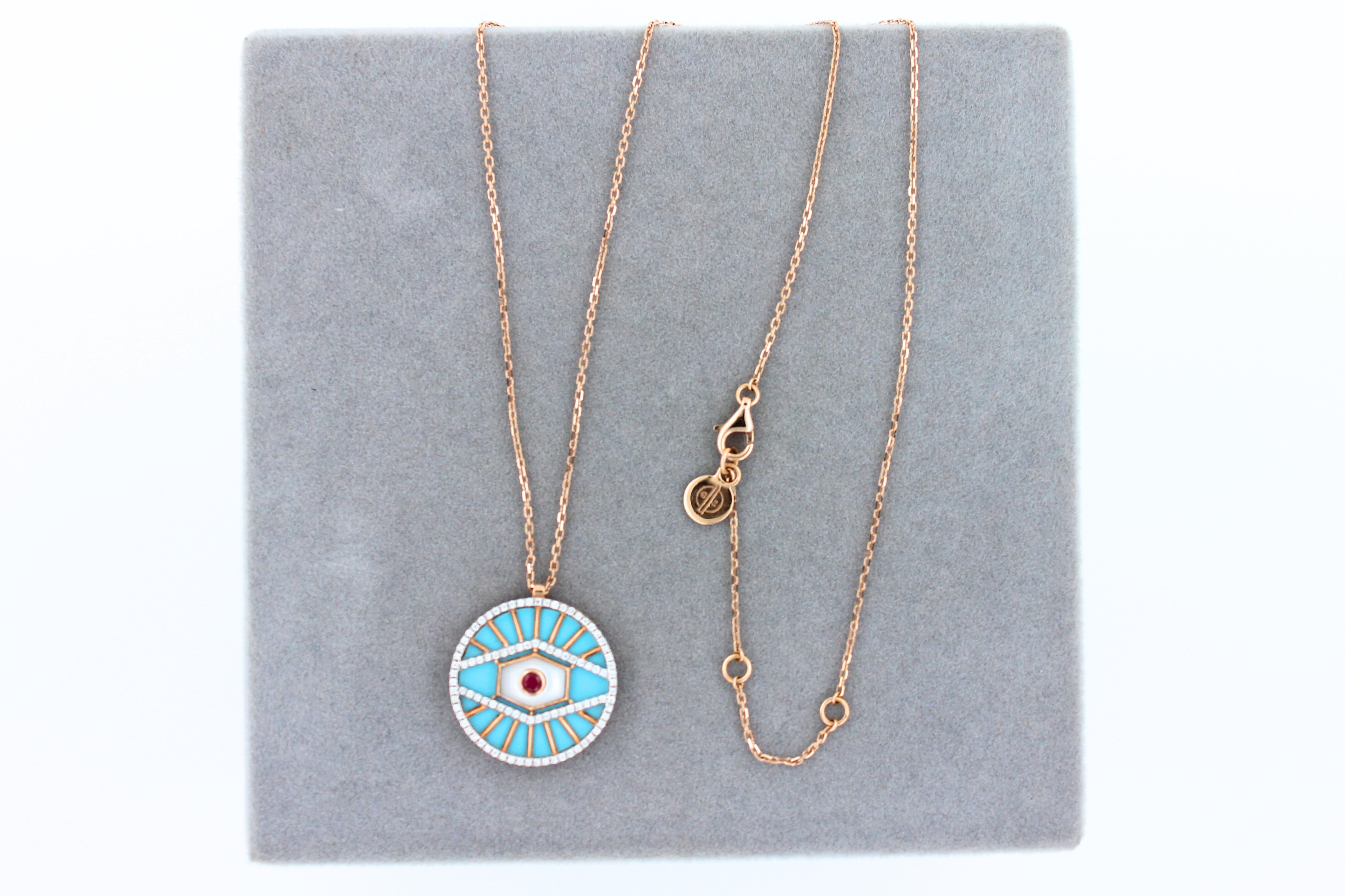 Diamond Halo Evil Eye Turquoise 18K Rose Gold Pendant Charm Medallion Necklace For Sale 1