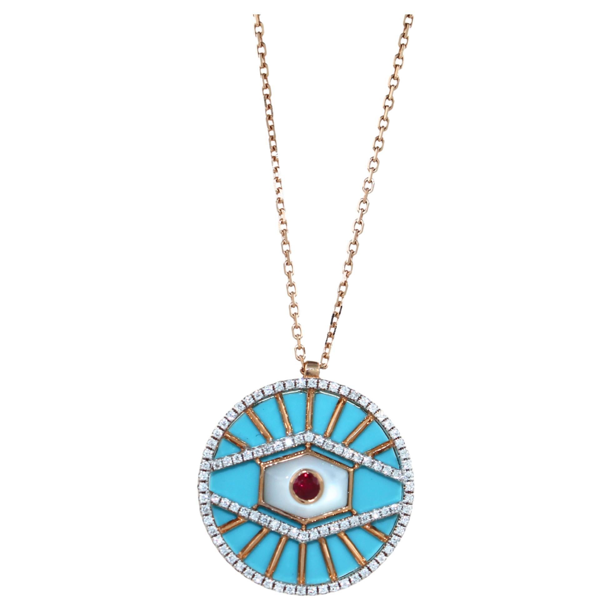 Diamond Halo Evil Eye Turquoise 18K Rose Gold Pendant Charm Medallion Necklace For Sale