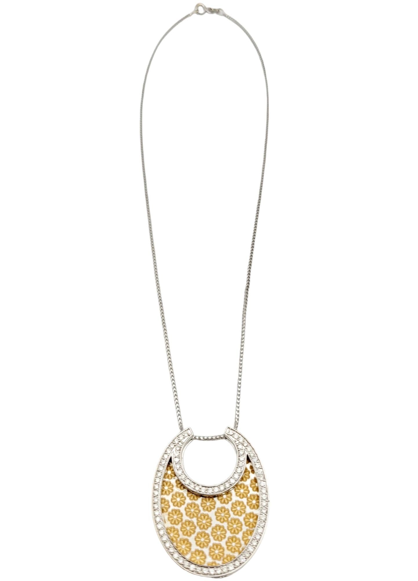 Diamond Halo & Floral Pattern Etching Necklace in 18 Karat White & Yellow Gold For Sale 4