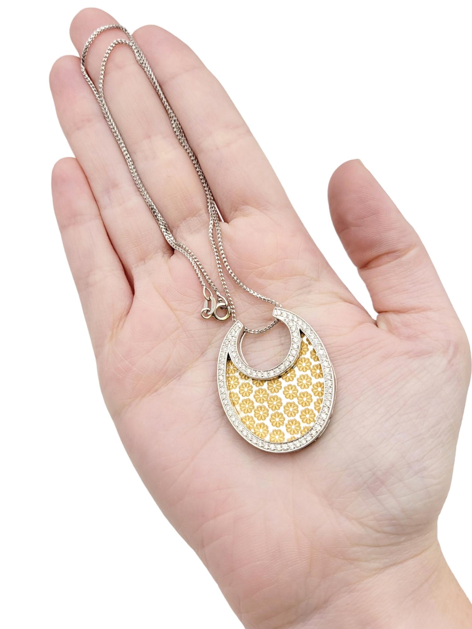 Diamond Halo & Floral Pattern Etching Necklace in 18 Karat White & Yellow Gold For Sale 9
