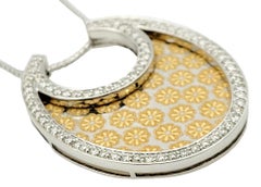Diamond Halo & Floral Pattern Etching Necklace in 18 Karat White & Yellow Gold