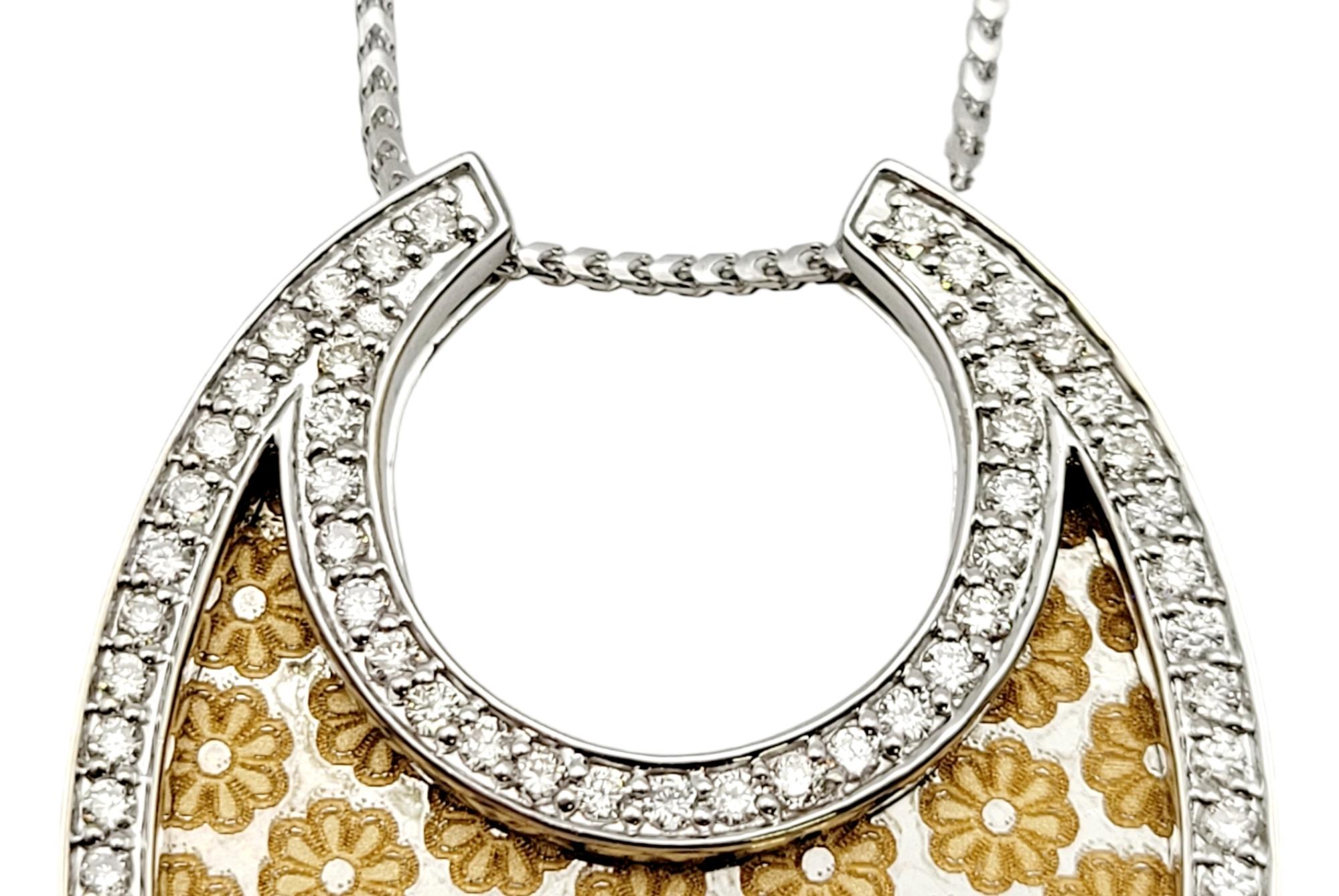 Round Cut Diamond Halo & Floral Pattern Etching Necklace in 18 Karat White & Yellow Gold For Sale