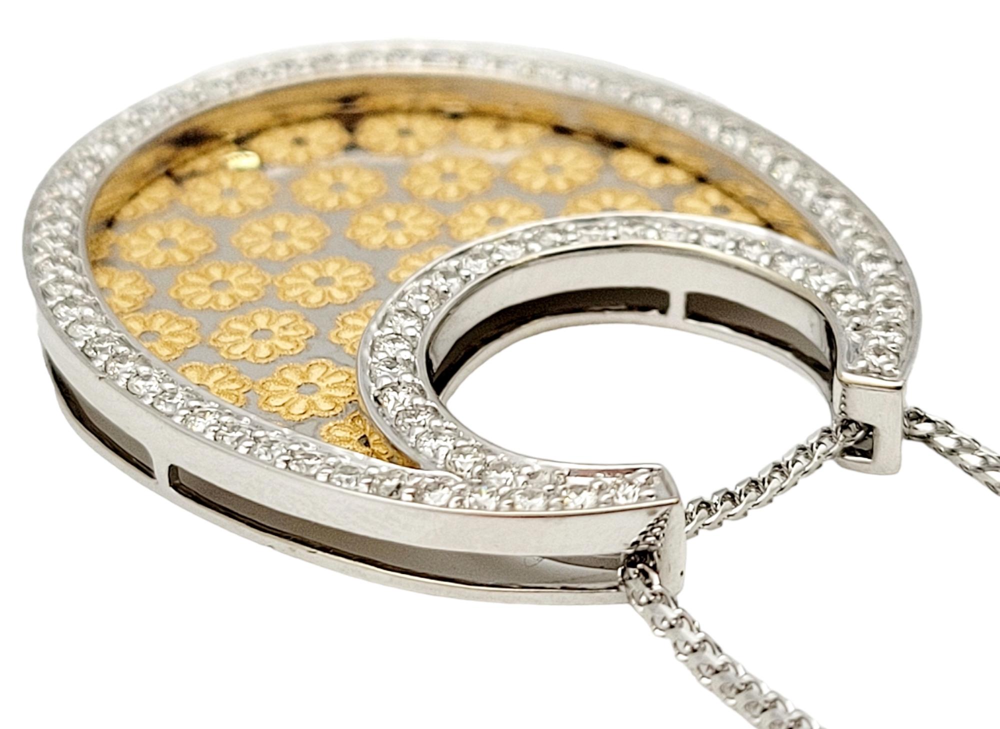 Women's Diamond Halo & Floral Pattern Etching Necklace in 18 Karat White & Yellow Gold For Sale