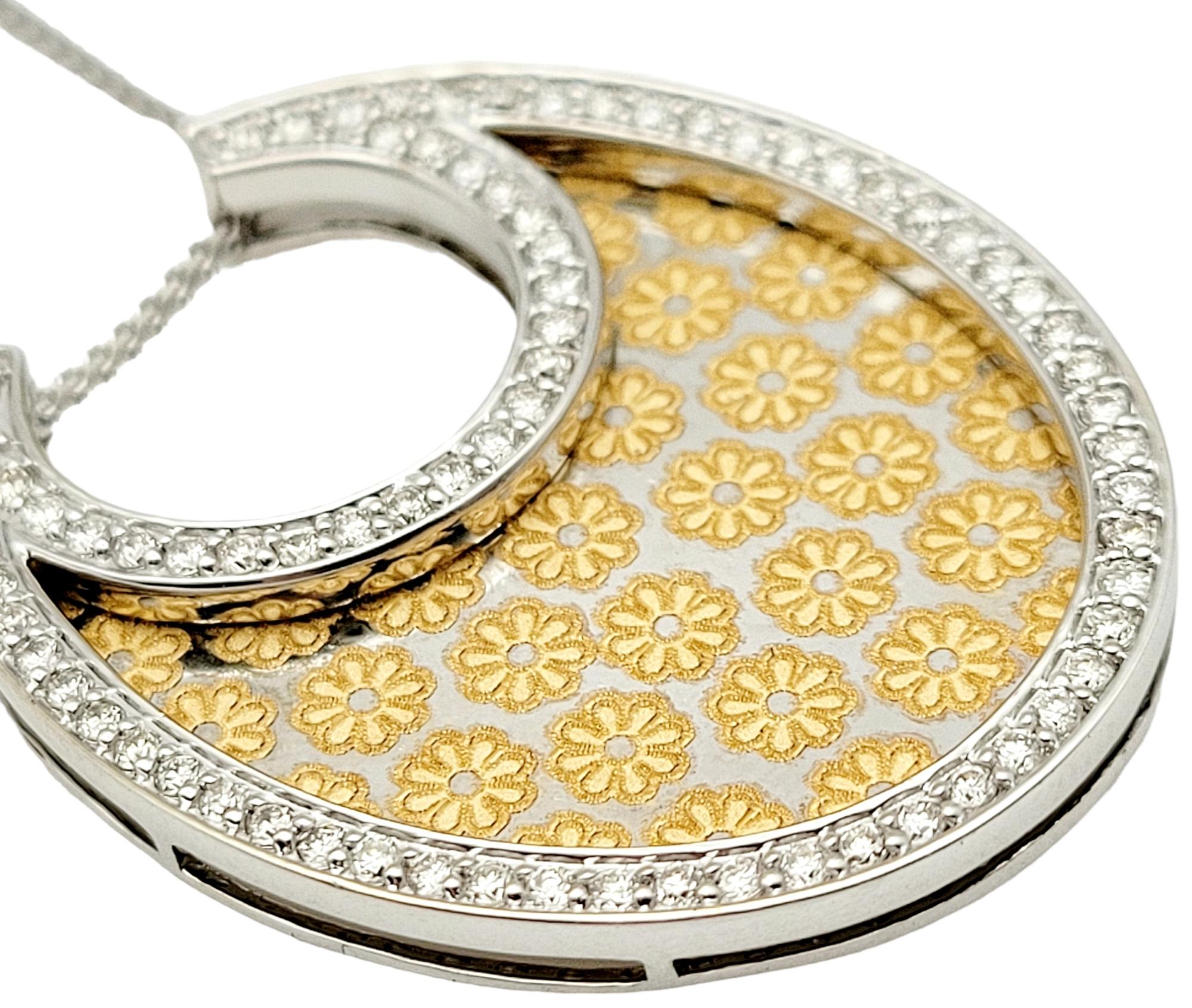 Diamond Halo & Floral Pattern Etching Necklace in 18 Karat White & Yellow Gold For Sale 2