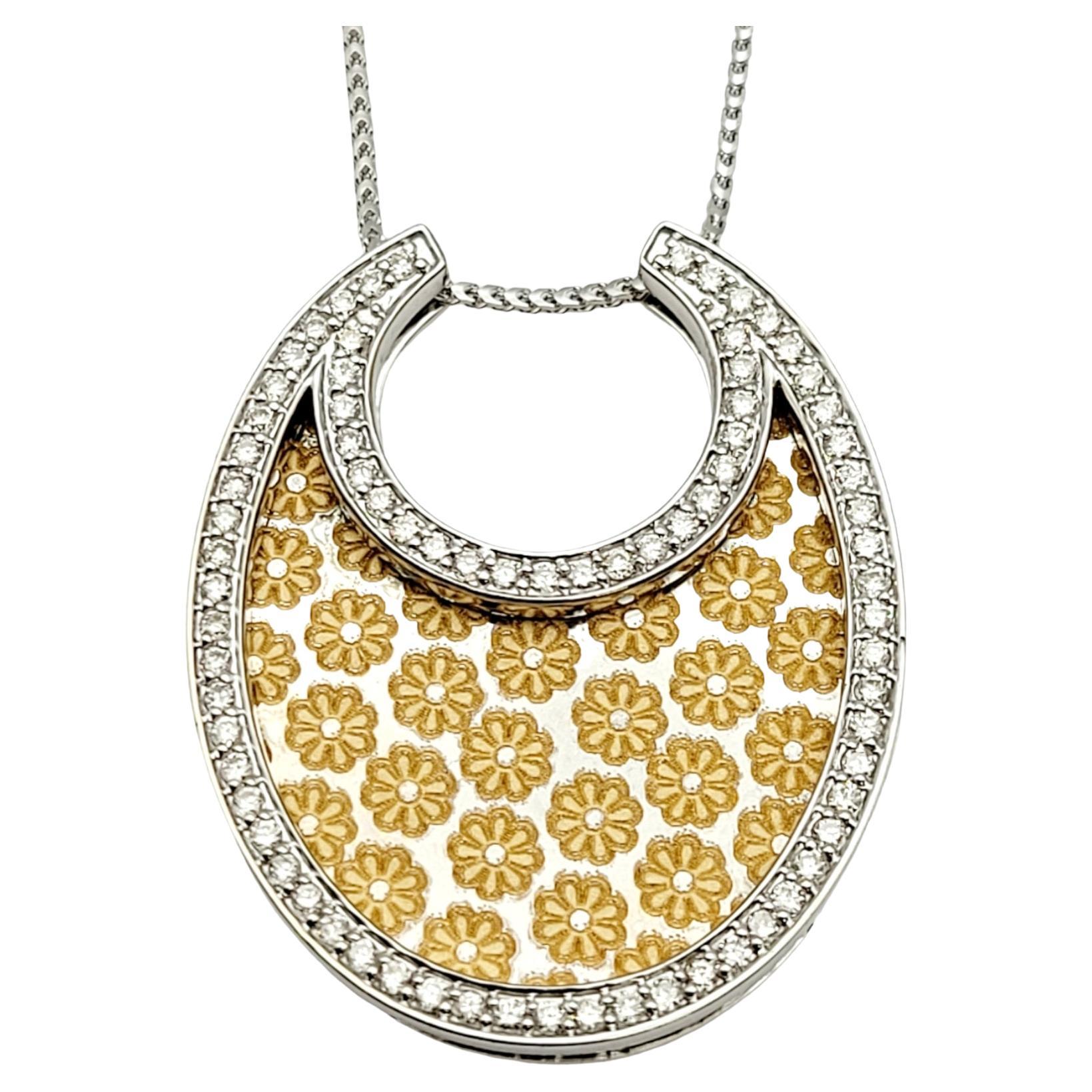 Diamond Halo & Floral Pattern Etching Necklace in 18 Karat White & Yellow Gold For Sale