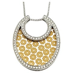 Diamond Halo & Floral Pattern Etching Necklace in 18 Karat White & Yellow Gold