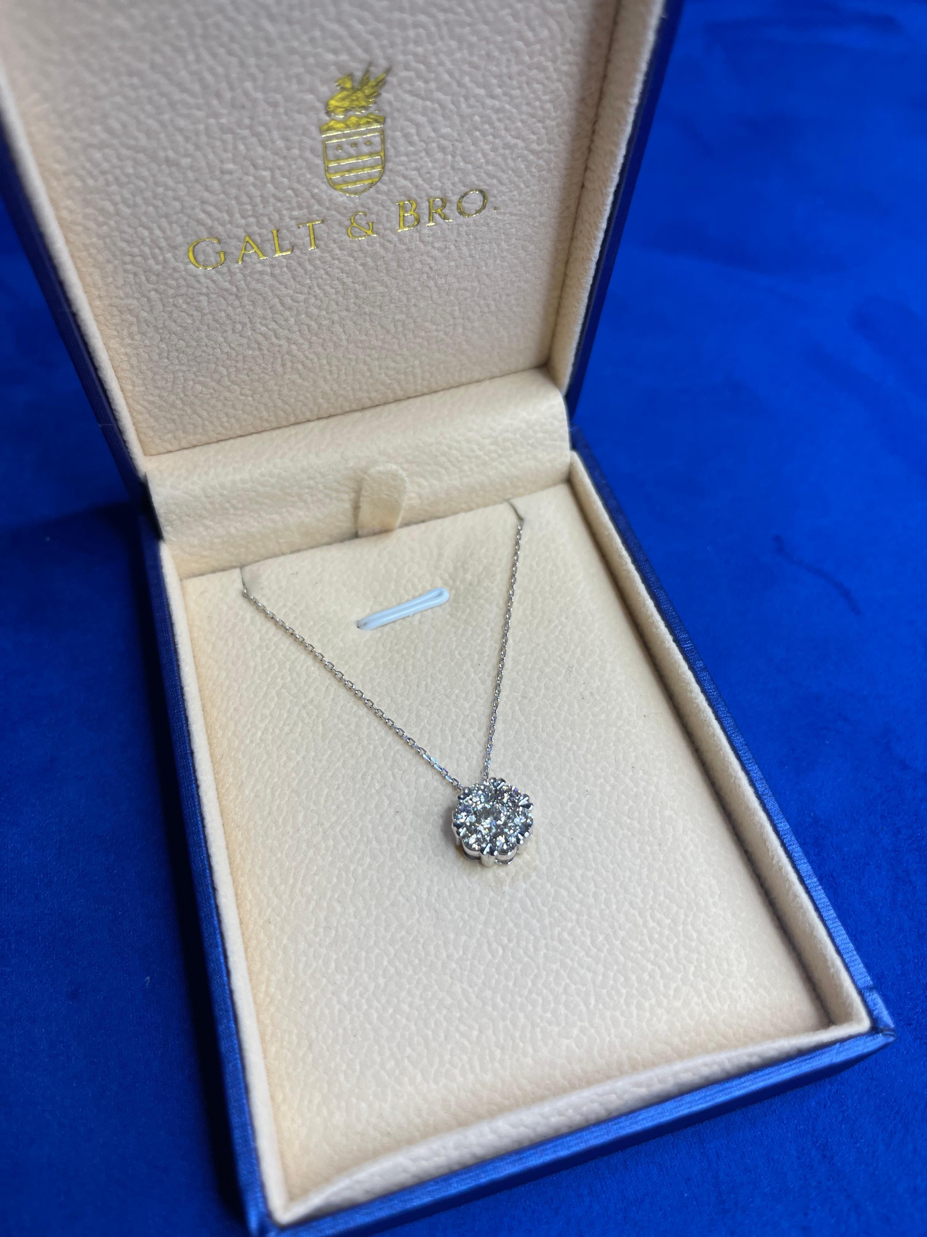 Modern Diamond Halo Flower 18 Karat White Gold Pendant Dainty Chain Station Necklace For Sale