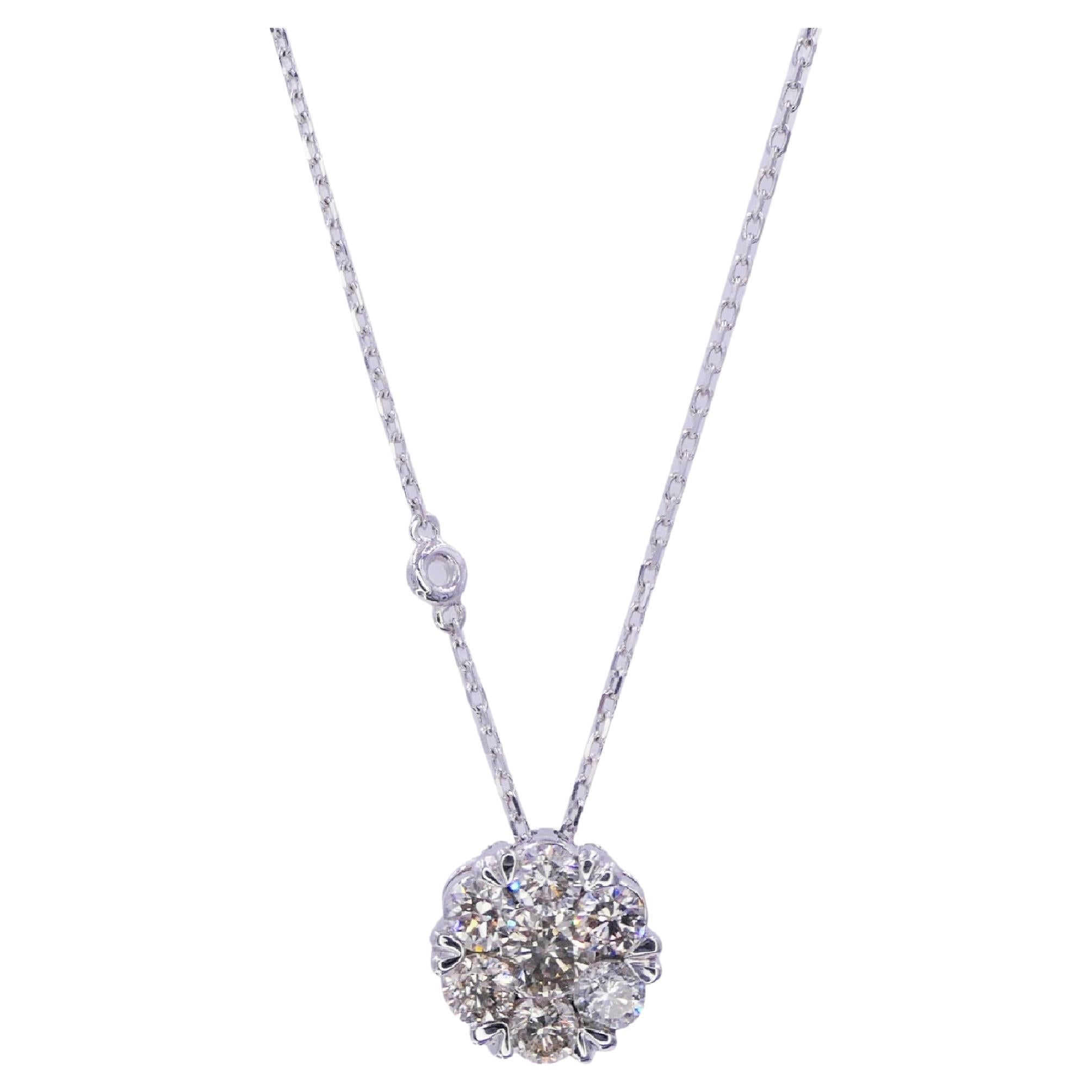 Diamond Halo Flower 18 Karat White Gold Pendant Dainty Chain Station Necklace For Sale