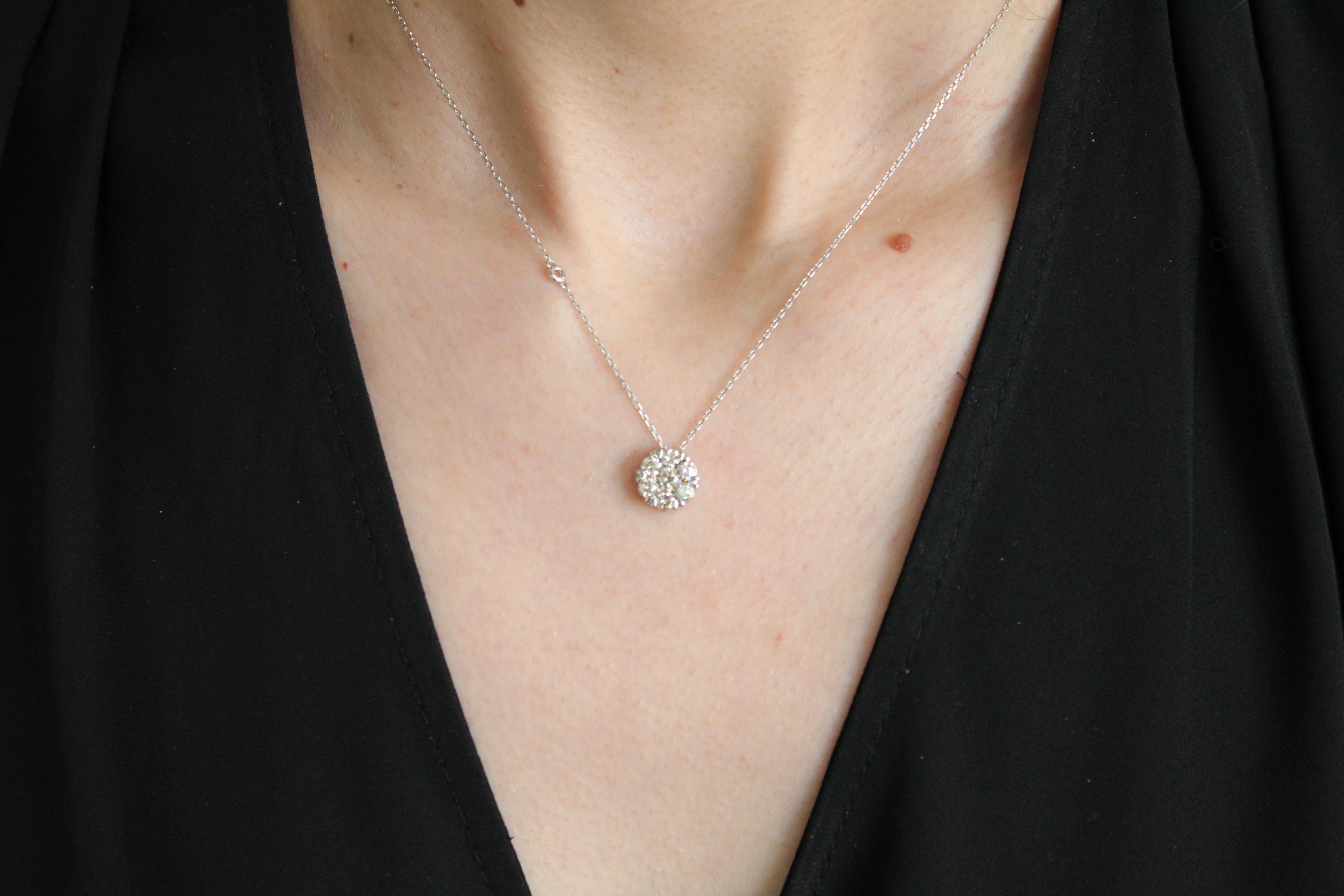 Women's or Men's Diamond Halo Flower 18 Karat White Gold Pendant Dainty Chain Station Necklace For Sale