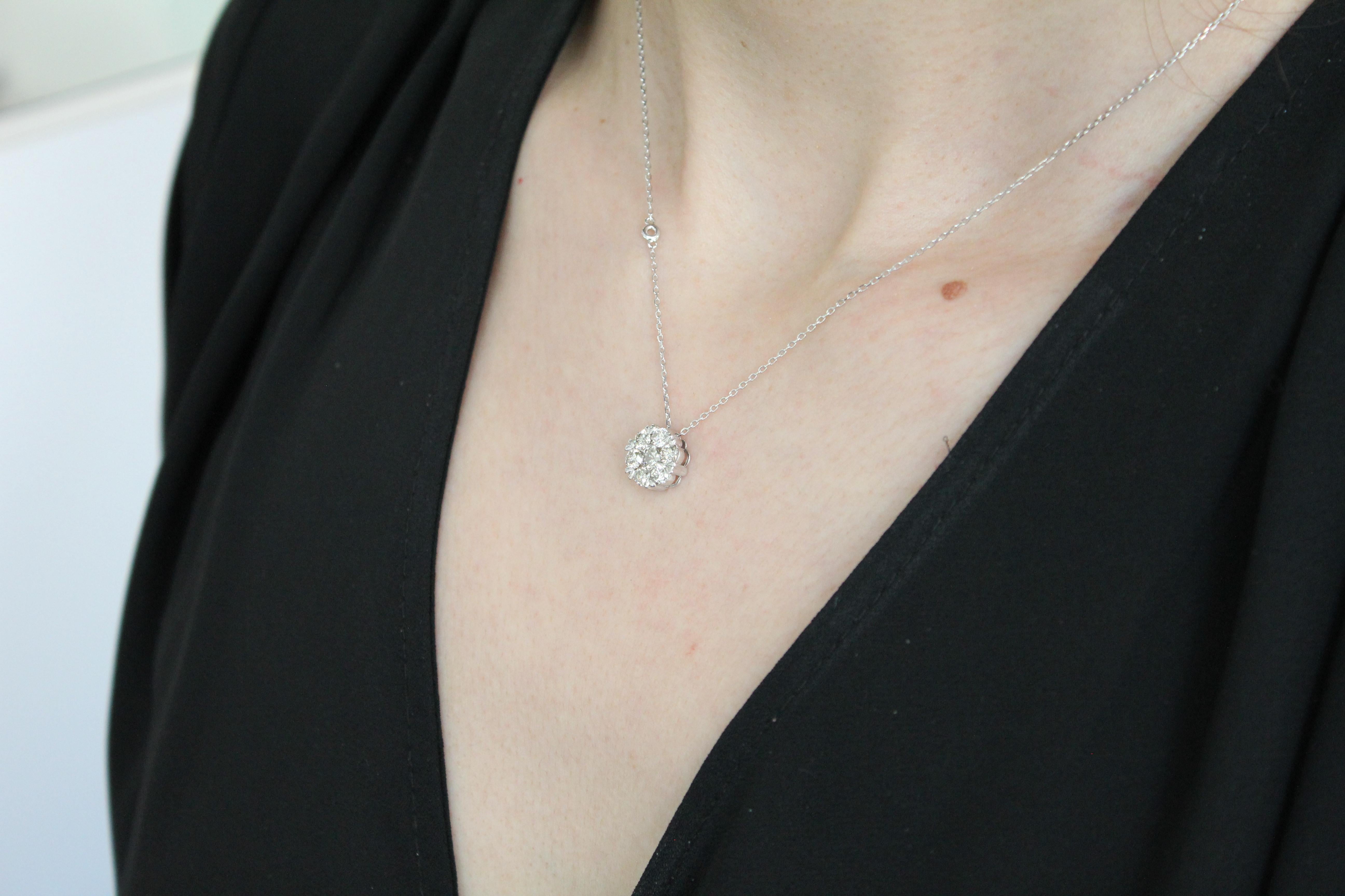Diamond Halo Flower 18 Karat White Gold Pendant Dainty Chain Station Necklace For Sale 1
