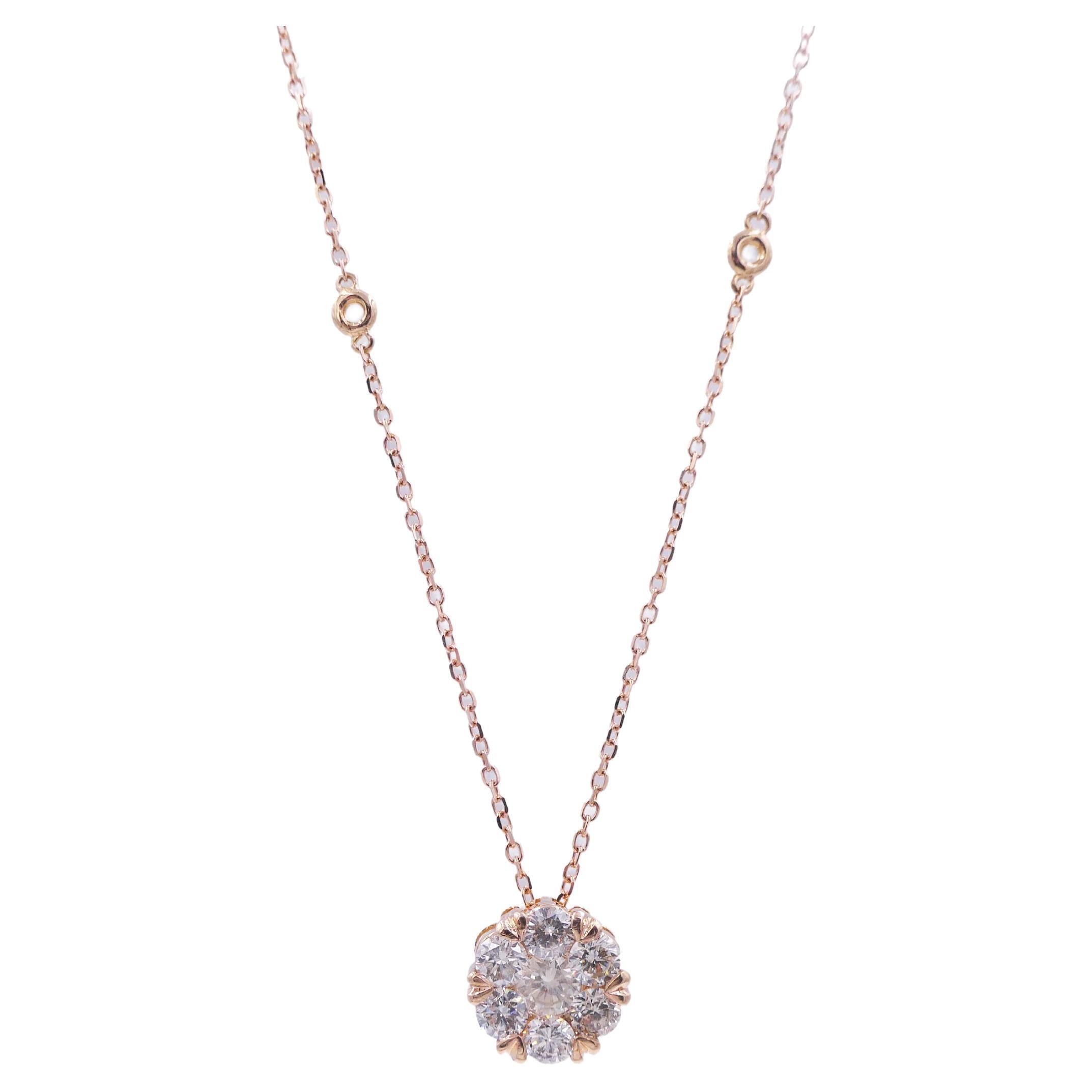 18K Rose Gold 
1.50 cts Diamonds - Center Diamond is Silvery Grey - Other Diamonds are Warm & Brilliant
18-20 inches adjustable diamond-cut cable chain