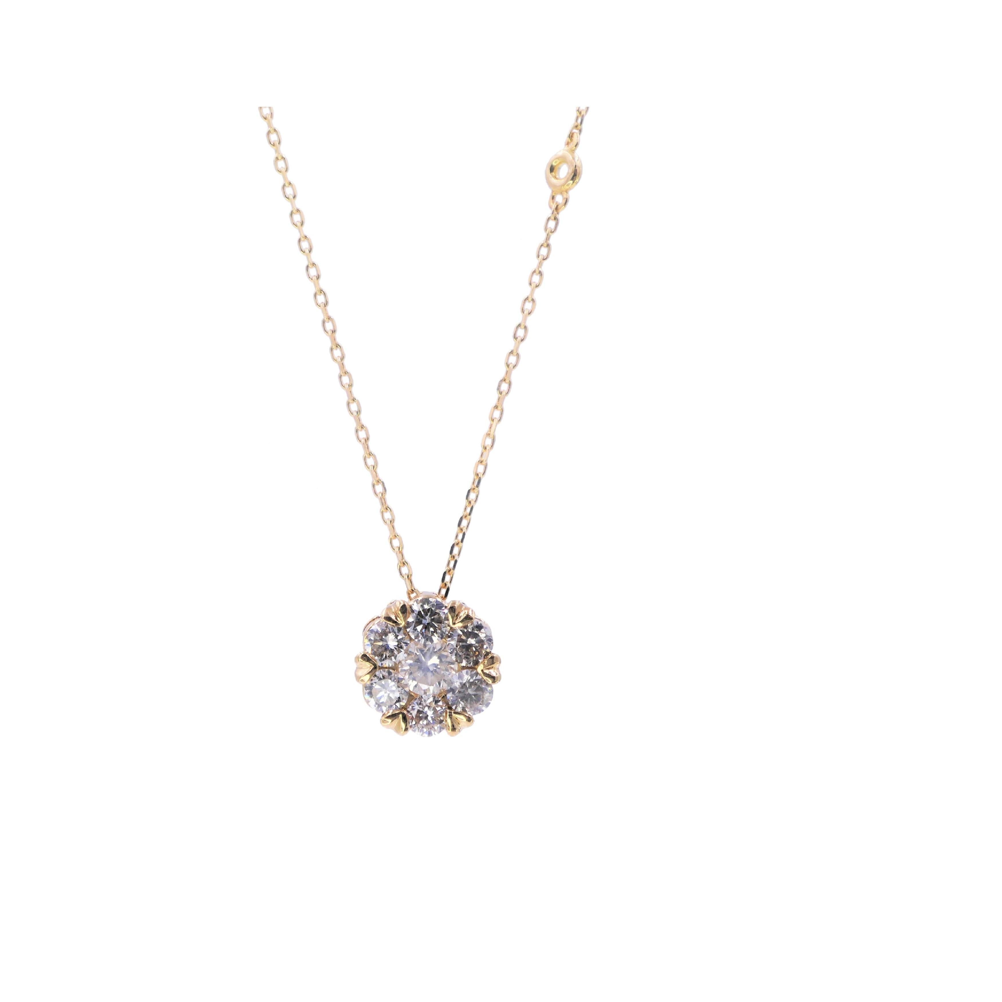 18K Yellow Gold 
1.50 cts Diamonds - Center Diamond is Silvery Grey - Other Diamonds are Warm & Brilliant
18-20 inches adjustable diamond-cut cable chain