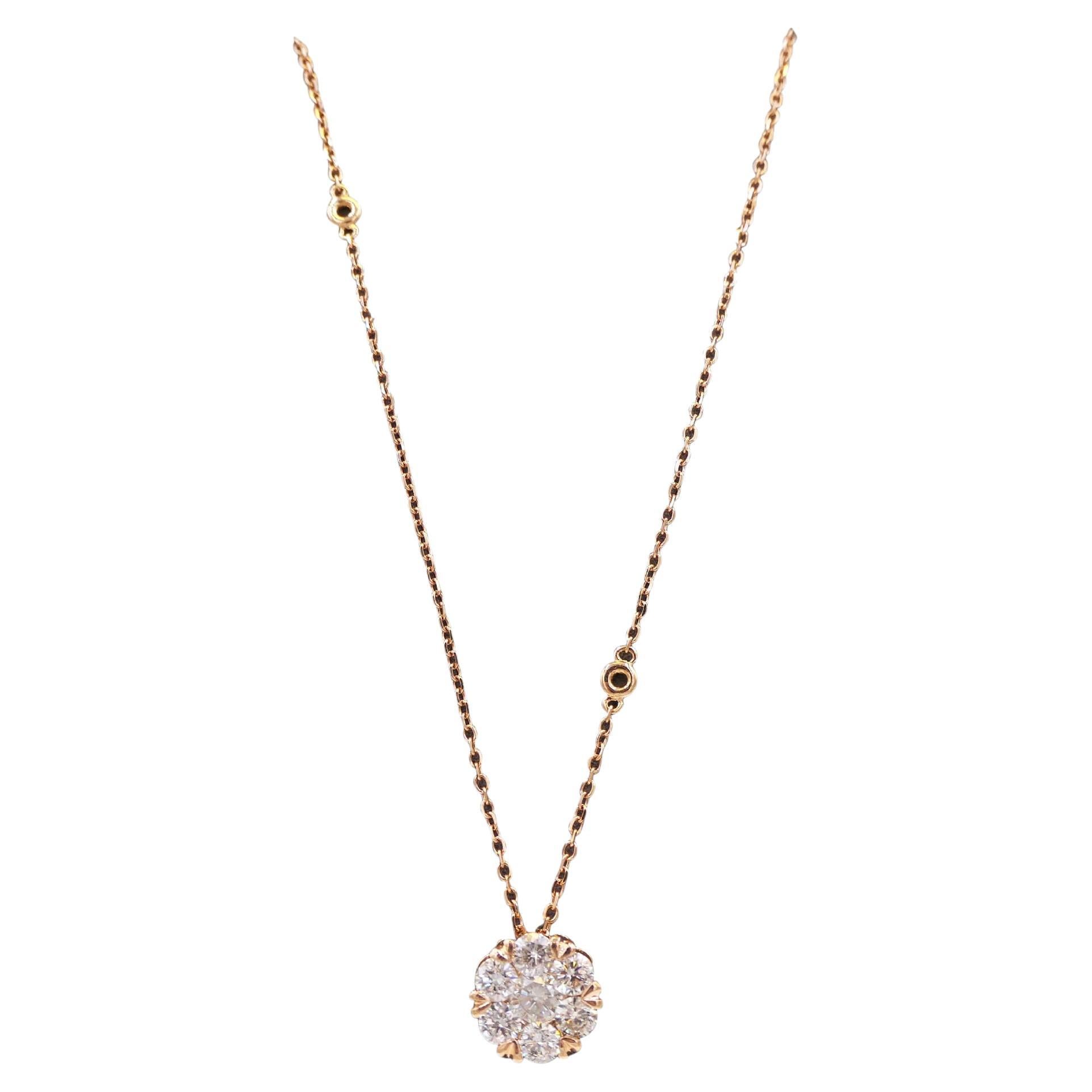 Brilliant Cut Diamond Halo Flower Sun 18 Karat Gold Pendant Dainty Thin Chain Station Necklace For Sale