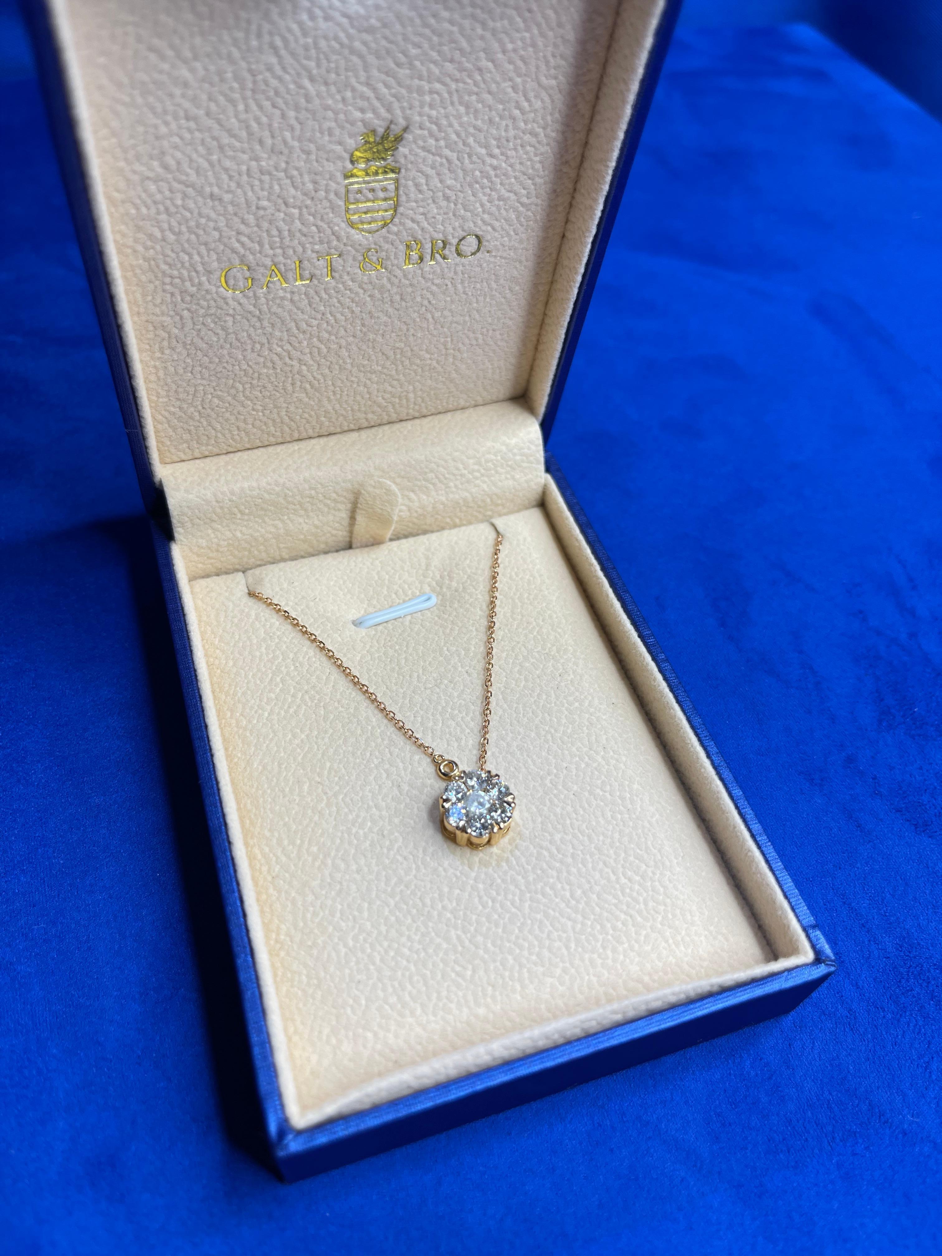 Women's or Men's Diamond Halo Flower Sun 18 Karat Gold Pendant Dainty Thin Chain Station Necklace For Sale