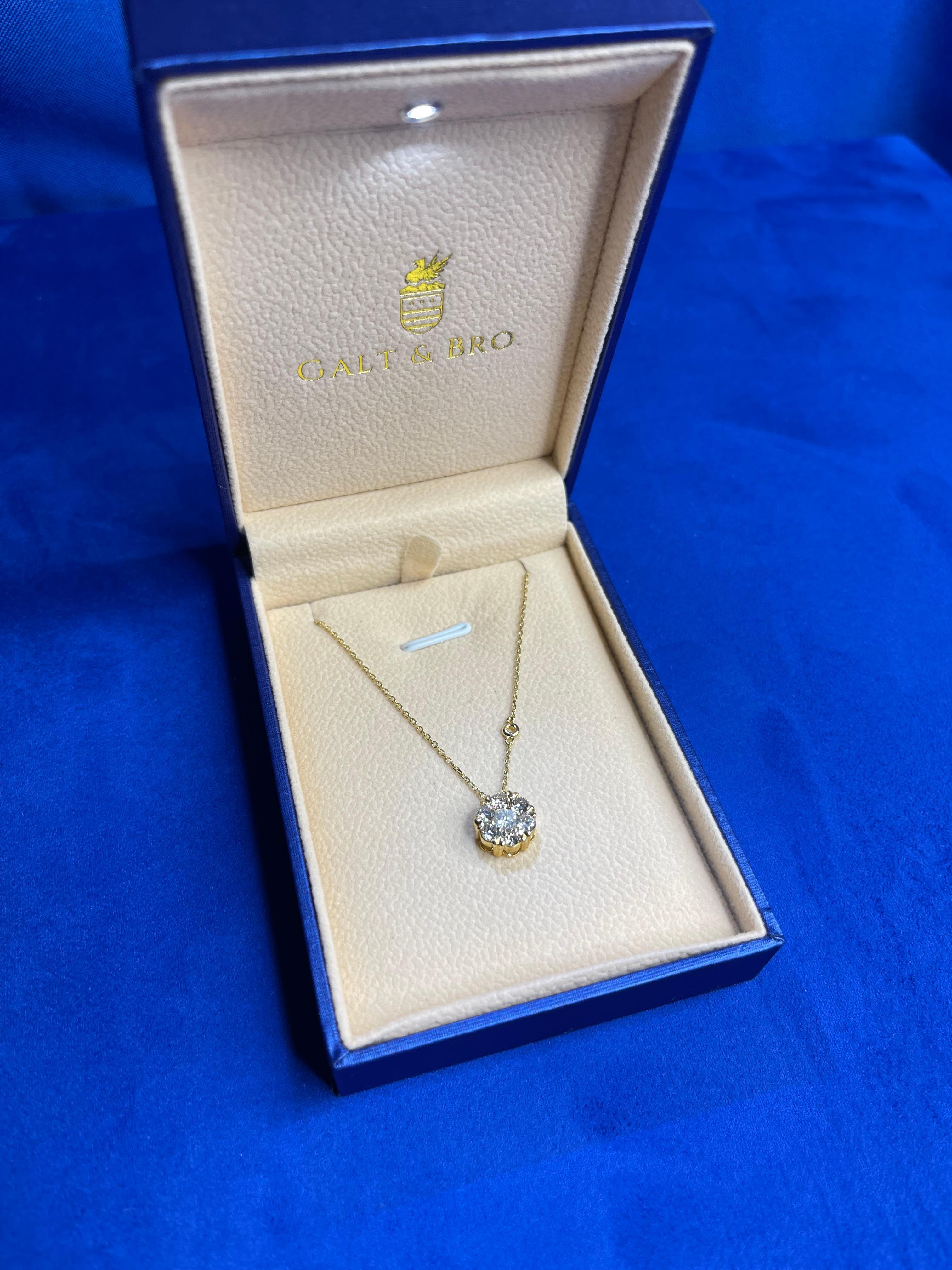 Modern Diamond Halo Flower Sun 18 Karat Gold Pendant Dainty Thin Chain Station Necklace For Sale